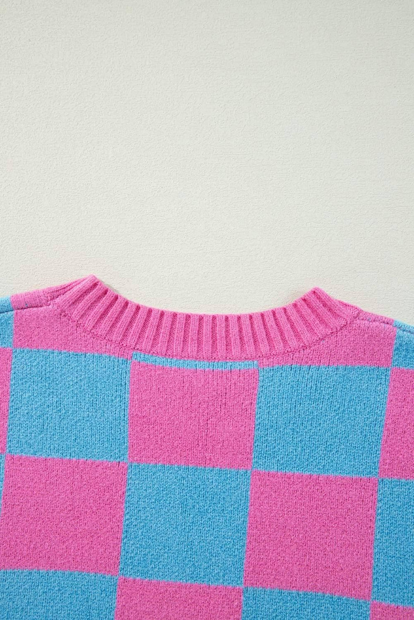Sachet Pink Colorblock Plaid Pattern Ribbed Trim Sweater Tank Top Sachet Pink Colorblock Plaid Pattern Ribbed Trim Sweater Tank Top