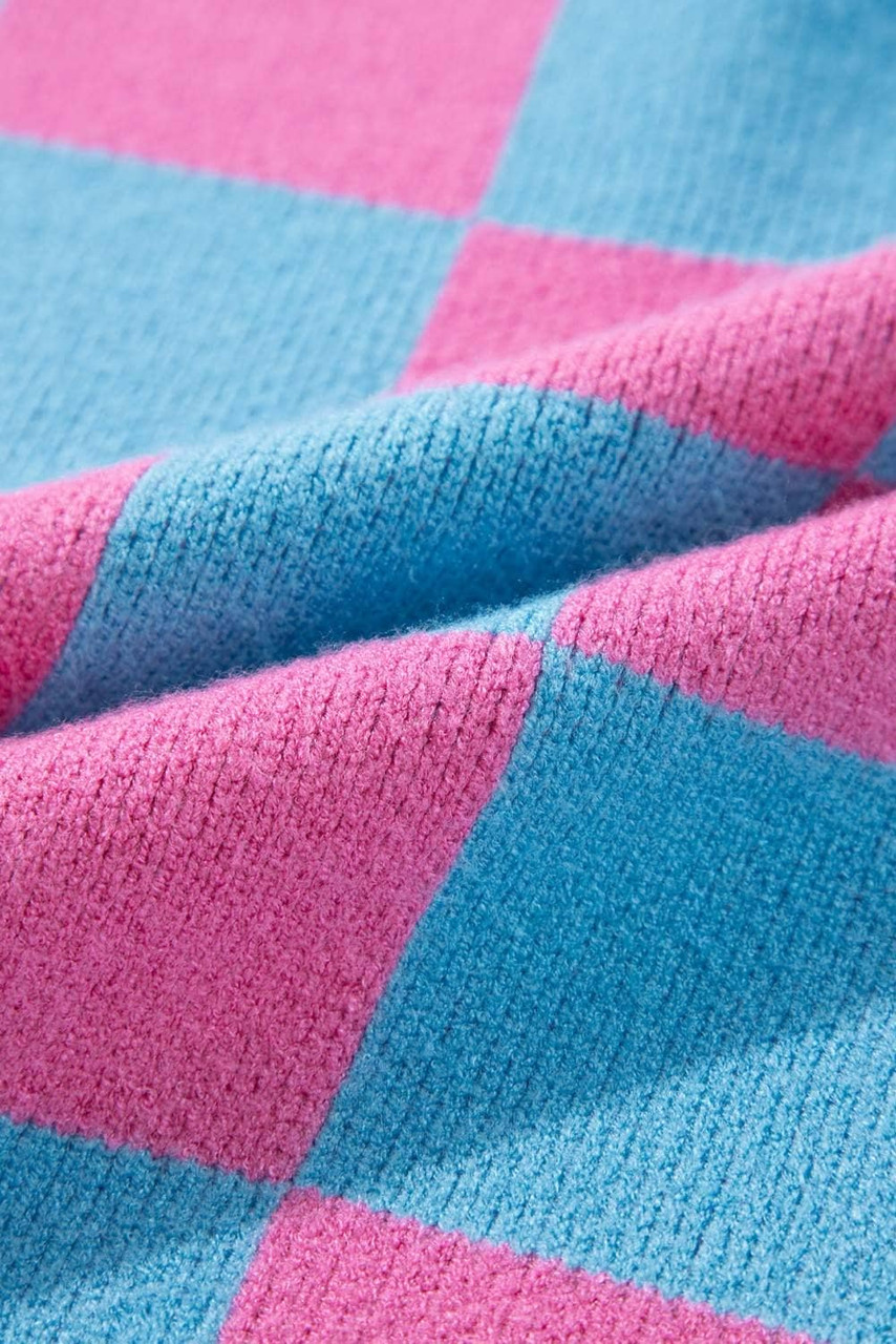Sachet Pink Colorblock Plaid Pattern Ribbed Trim Sweater Tank Top Sachet Pink Colorblock Plaid Pattern Ribbed Trim Sweater Tank Top