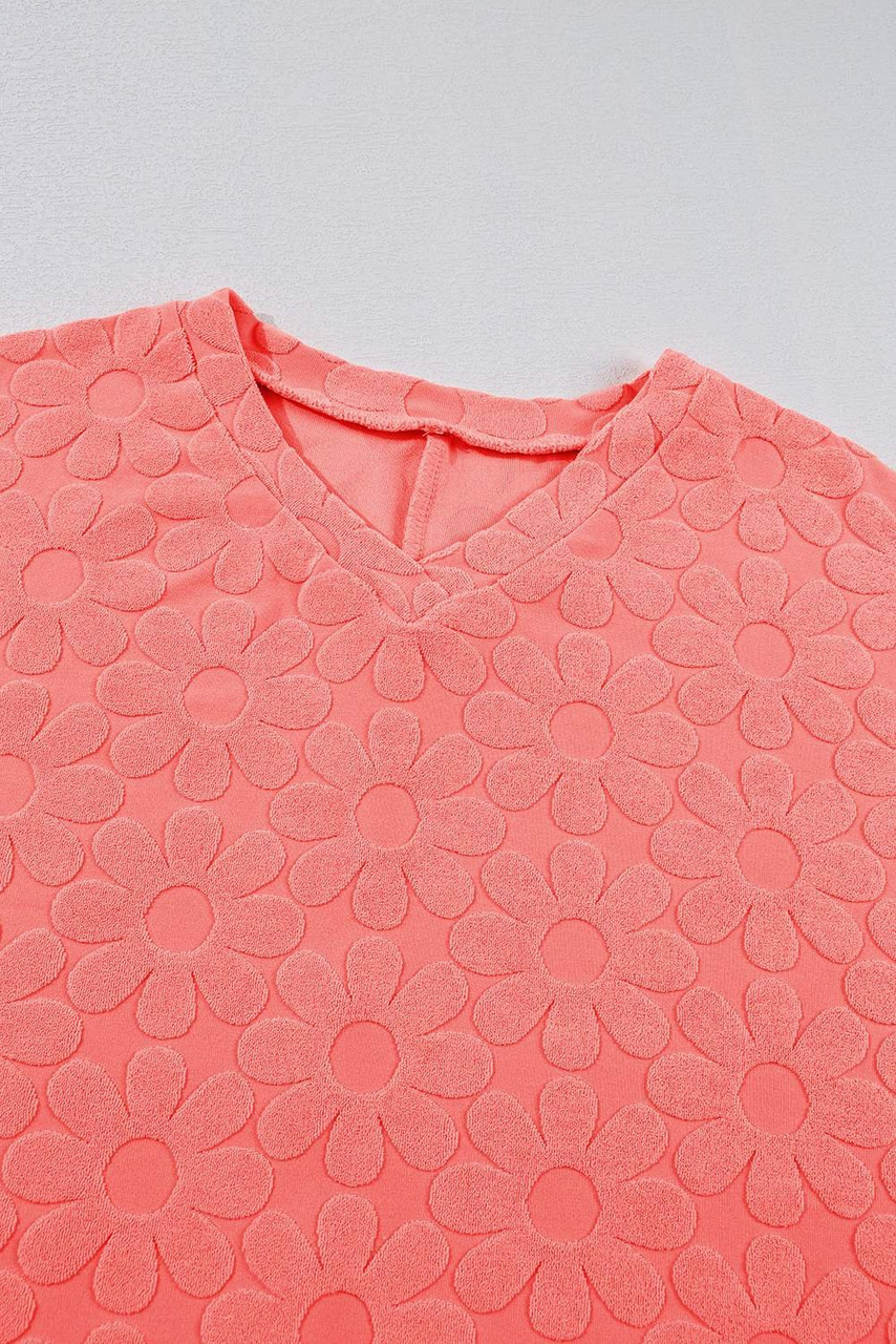 Apricot Pink Oversized Floral Jacquard V Neck Long Sleeve Top