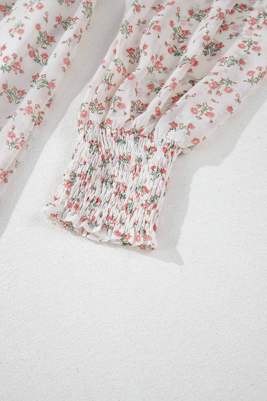 White Floral Print Shirred Ruffled Hem Square Neck Midi Dress