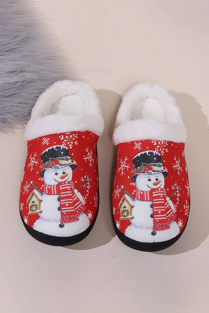 Fiery Red Christmas Snowman Print Plush Home Slippers