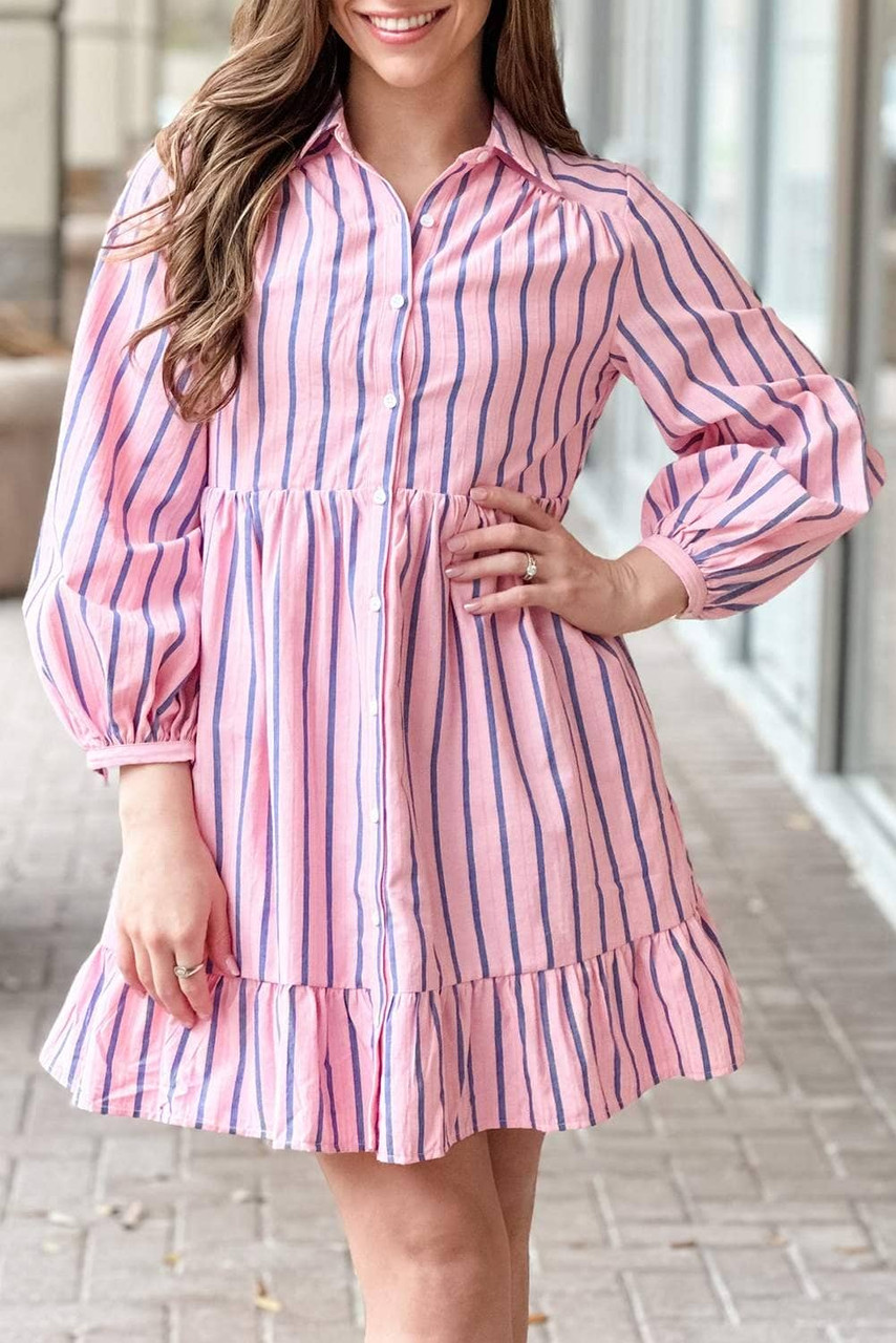Pink Stripe Ruffled Hem Button-up Collared Shirt Mini Dress Pink Stripe Ruffled Hem Button-up Collared Shirt Mini Dress