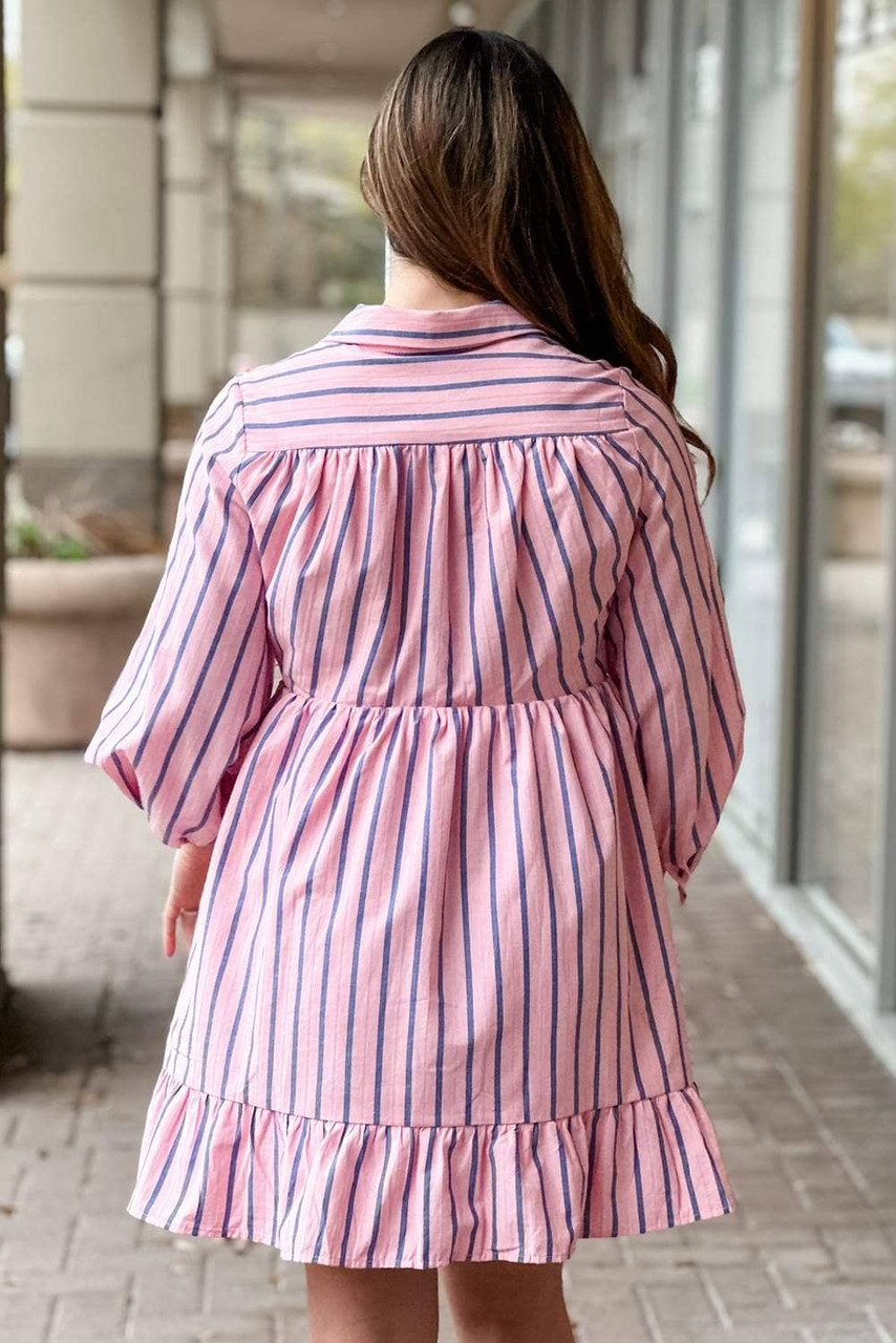 Pink Stripe Ruffled Hem Button-up Collared Shirt Mini Dress Pink Stripe Ruffled Hem Button-up Collared Shirt Mini Dress