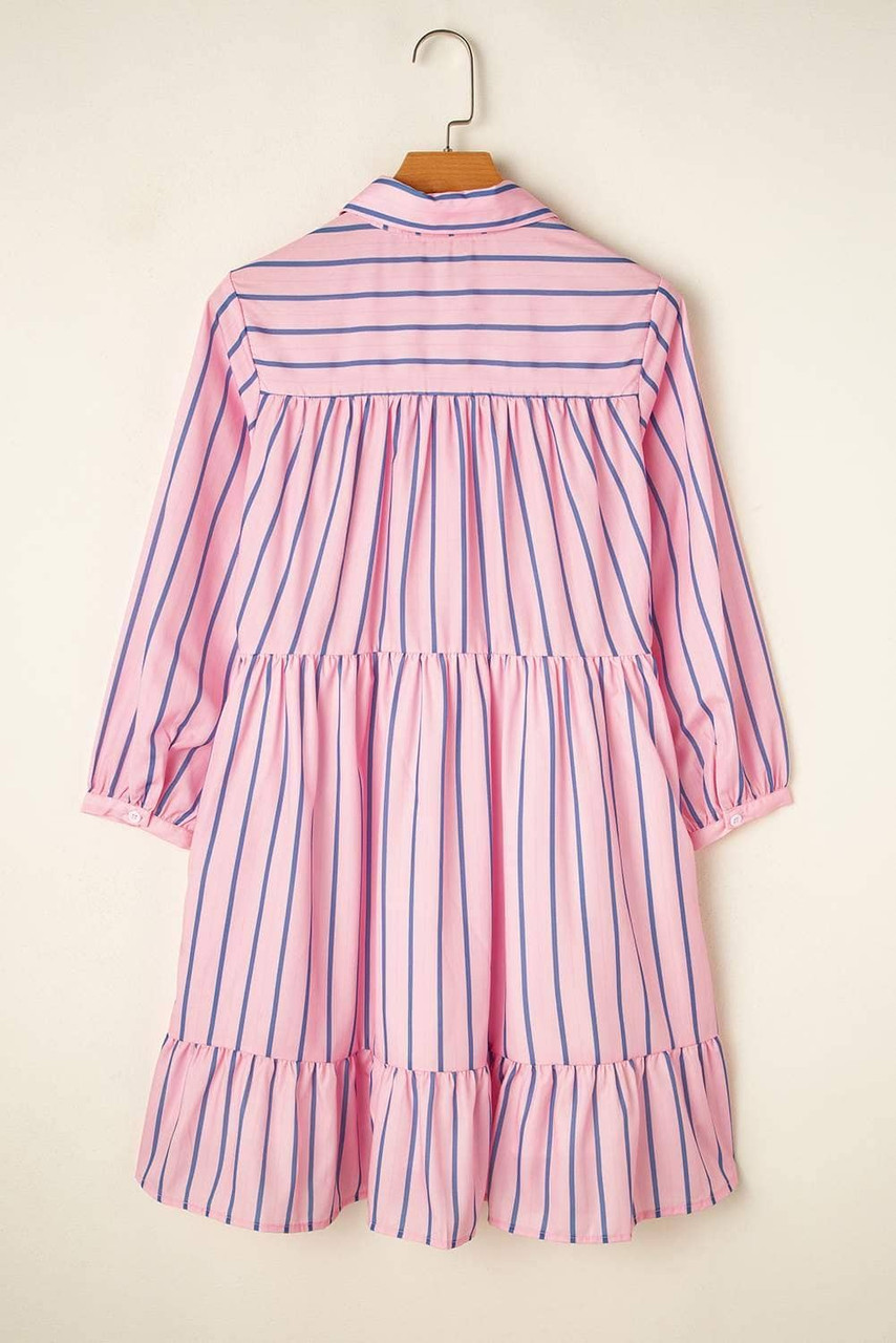 Pink Stripe Ruffled Hem Button-up Collared Shirt Mini Dress Pink Stripe Ruffled Hem Button-up Collared Shirt Mini Dress