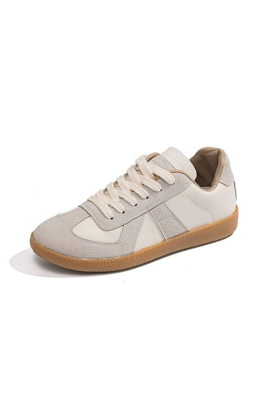 Beige PU Leather Suede Patched Lace-up Flat Shoes