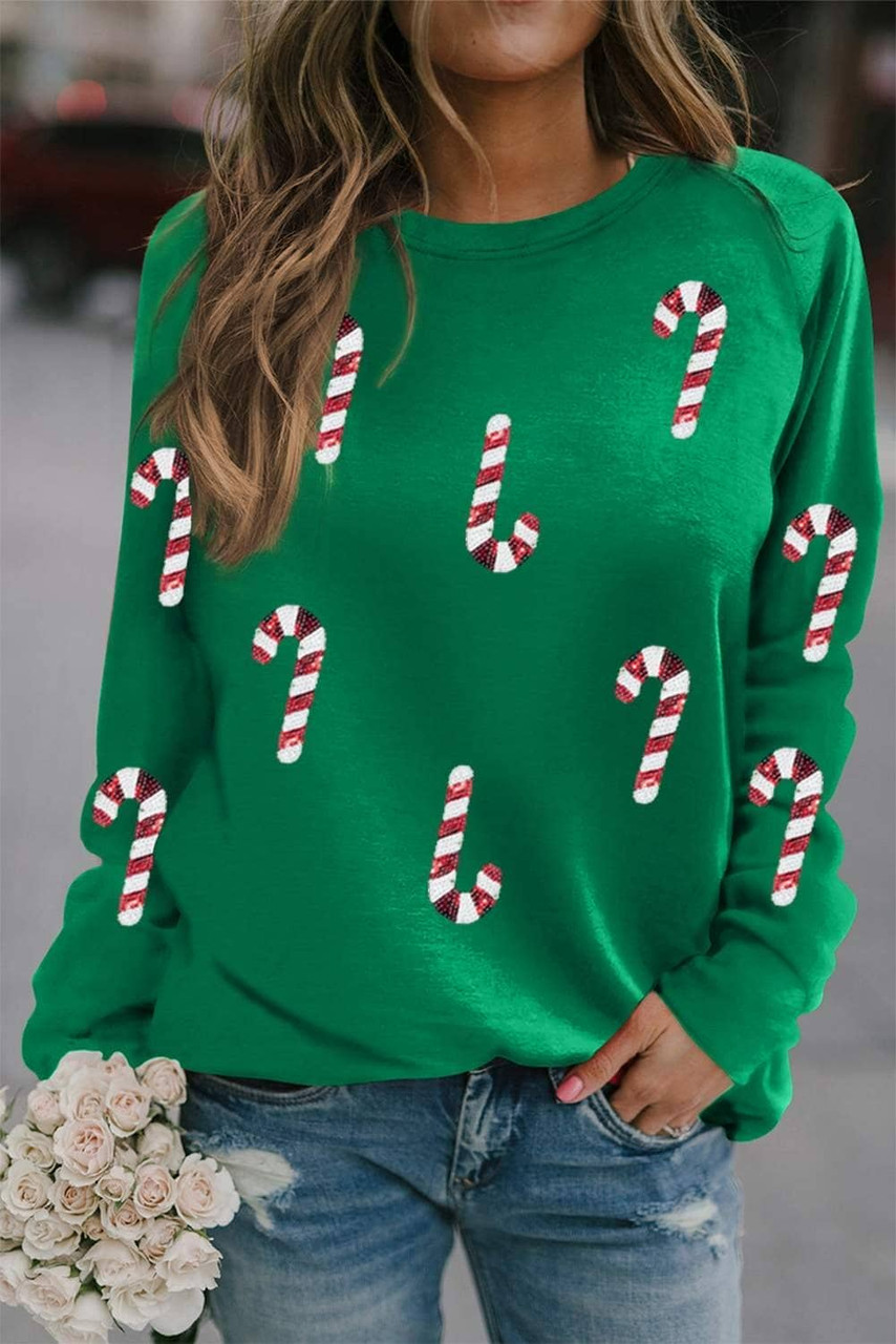 Green Sequin Christmas Candy Cane Graphic Crewneck Pullover Sweatshirt Green Sequin Christmas Candy Cane Graphic Crewneck Pullover Sweatshirt