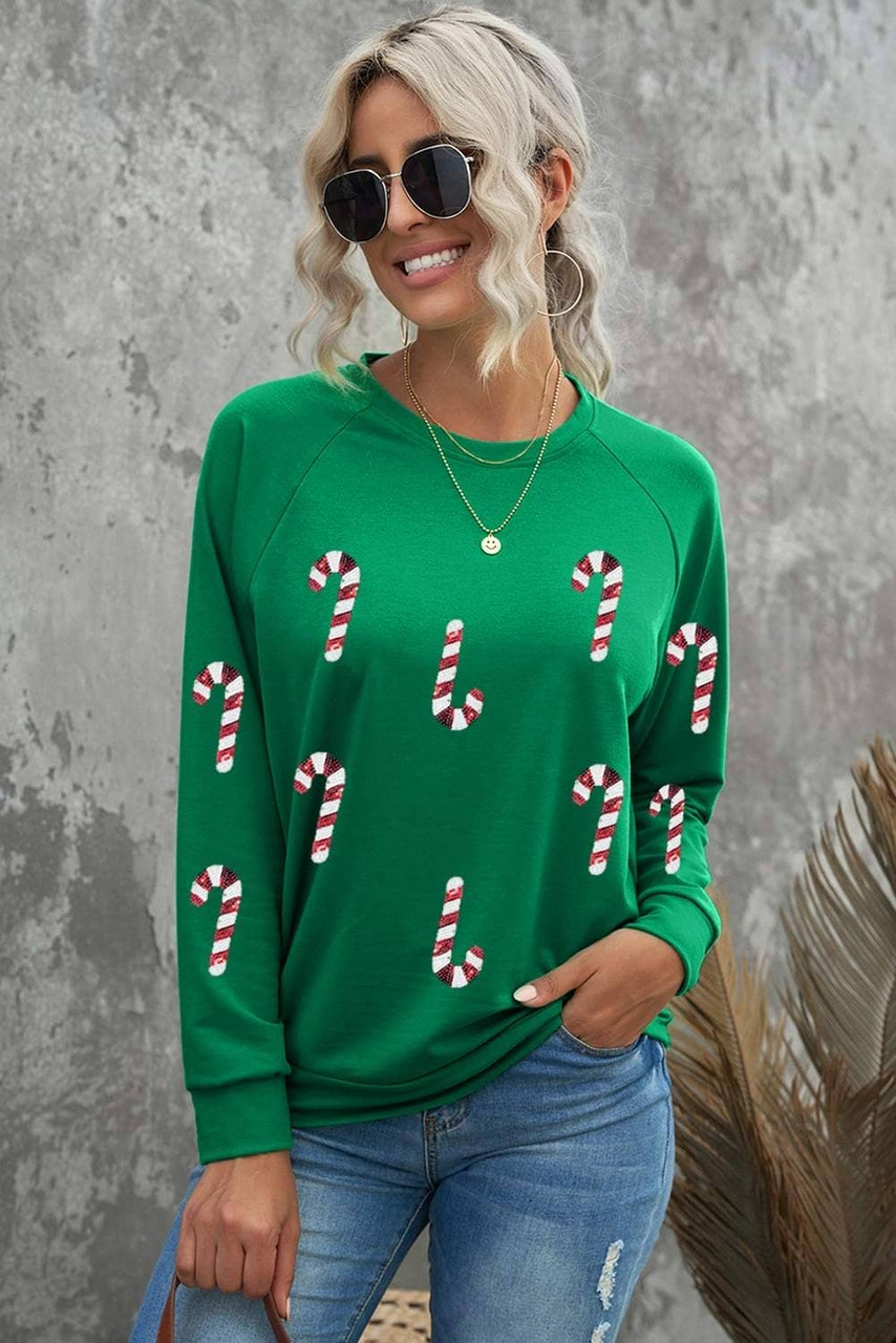 Green Sequin Christmas Candy Cane Graphic Crewneck Pullover Sweatshirt Green Sequin Christmas Candy Cane Graphic Crewneck Pullover Sweatshirt