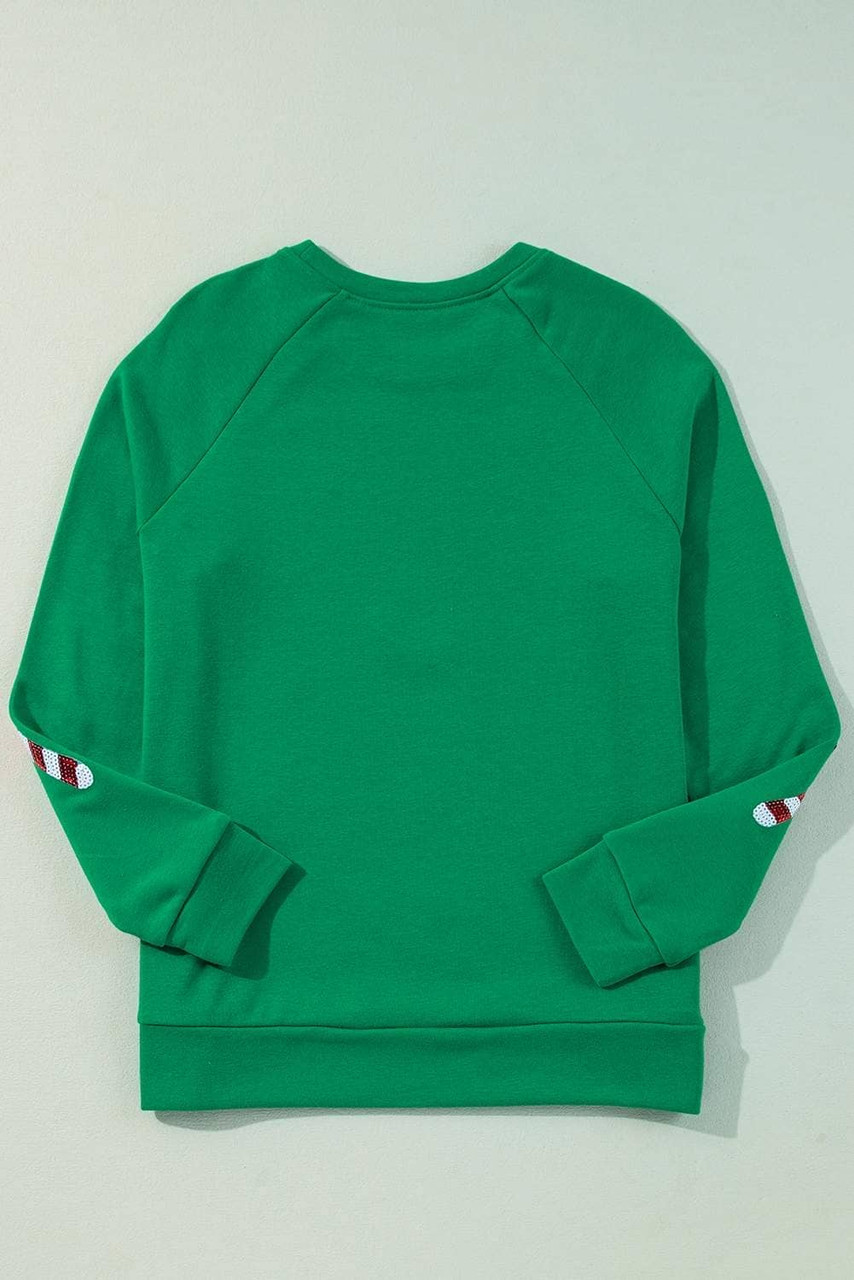 Green Sequin Christmas Candy Cane Graphic Crewneck Pullover Sweatshirt Green Sequin Christmas Candy Cane Graphic Crewneck Pullover Sweatshirt