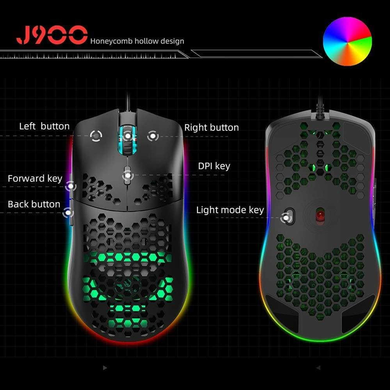 HXSJ J900 USB Wired Gaming Mouse RGB with Six Adjustable DPI Up to 6400