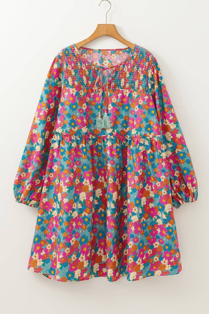 Sky Blue Plus Size Floral Print Shirred Ruffle Tiered Mini Dress Sky Blue Plus Size Floral Print Shirred Ruffle Tiered Mini Dress
