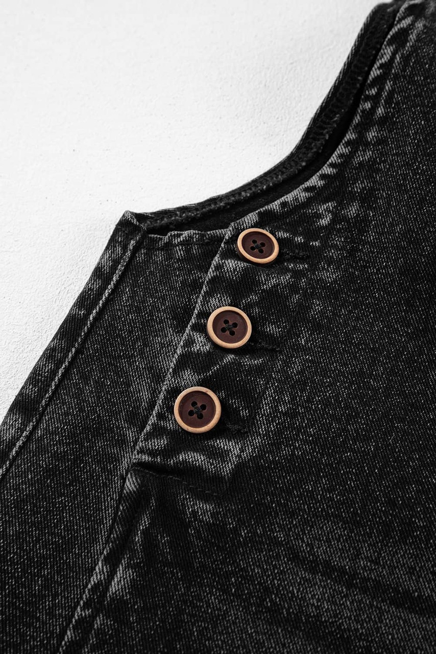 Black Distressed Bib Pocket Wide Leg Denim Overall Black Distressed Bib Pocket Wide Leg Denim Overall