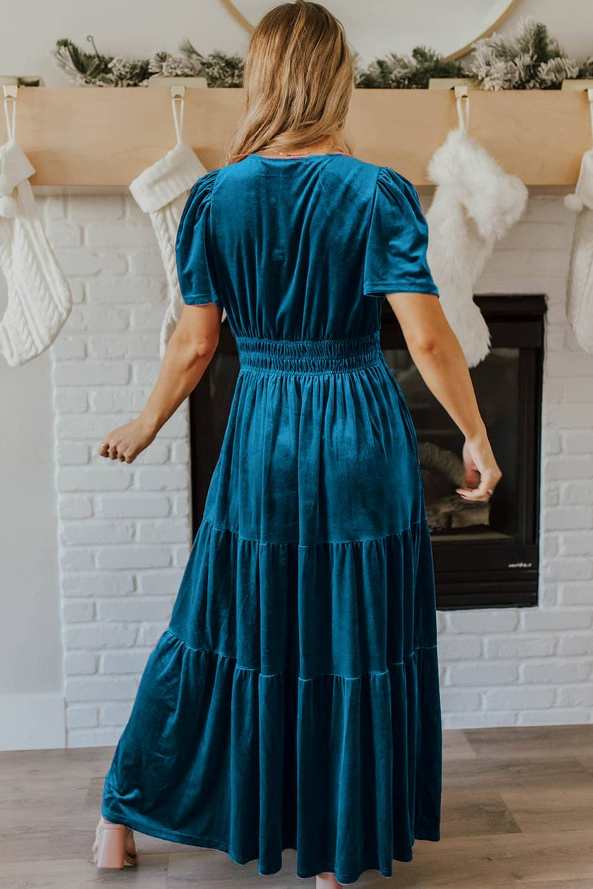 Prussian Blue Velvet Short Sleeve Shirred Waist Tiered Maxi Dress Prussian Blue Velvet Short Sleeve Shirred Waist Tiered Maxi Dress
