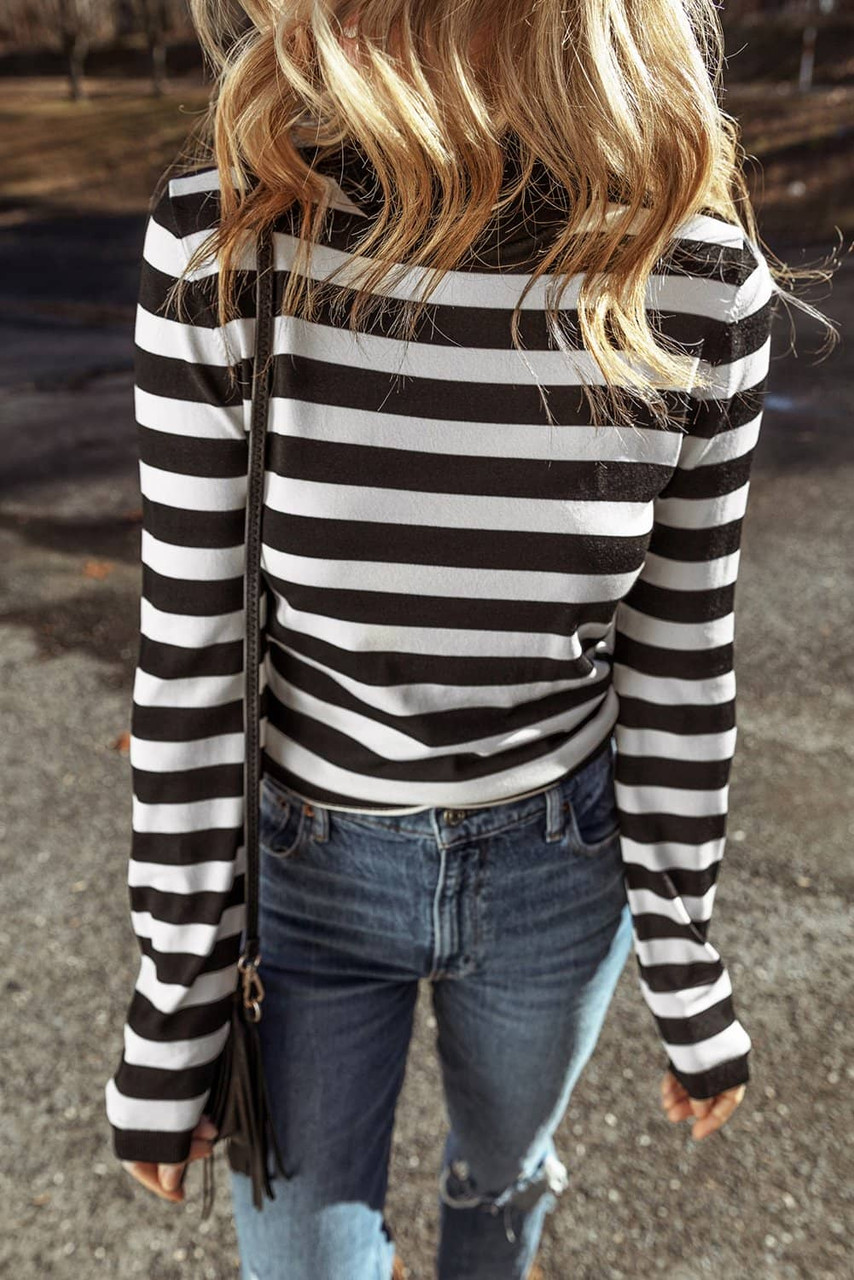 Black Stripe Slim Fit High Neck Knit Sweater