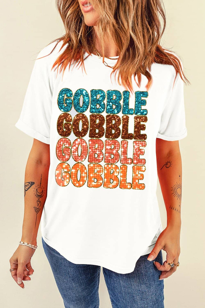 White Heat Transfer GOBBLE Graphic Crewneck Thanksgiving T Shirt