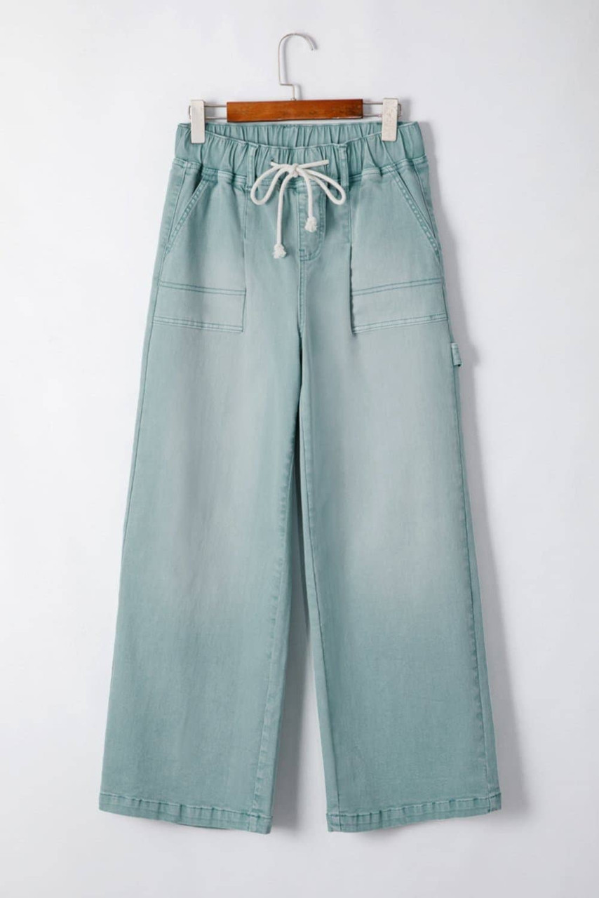Smoke Green Mineral Wash Drawstring High Waist Wide Leg Jeans