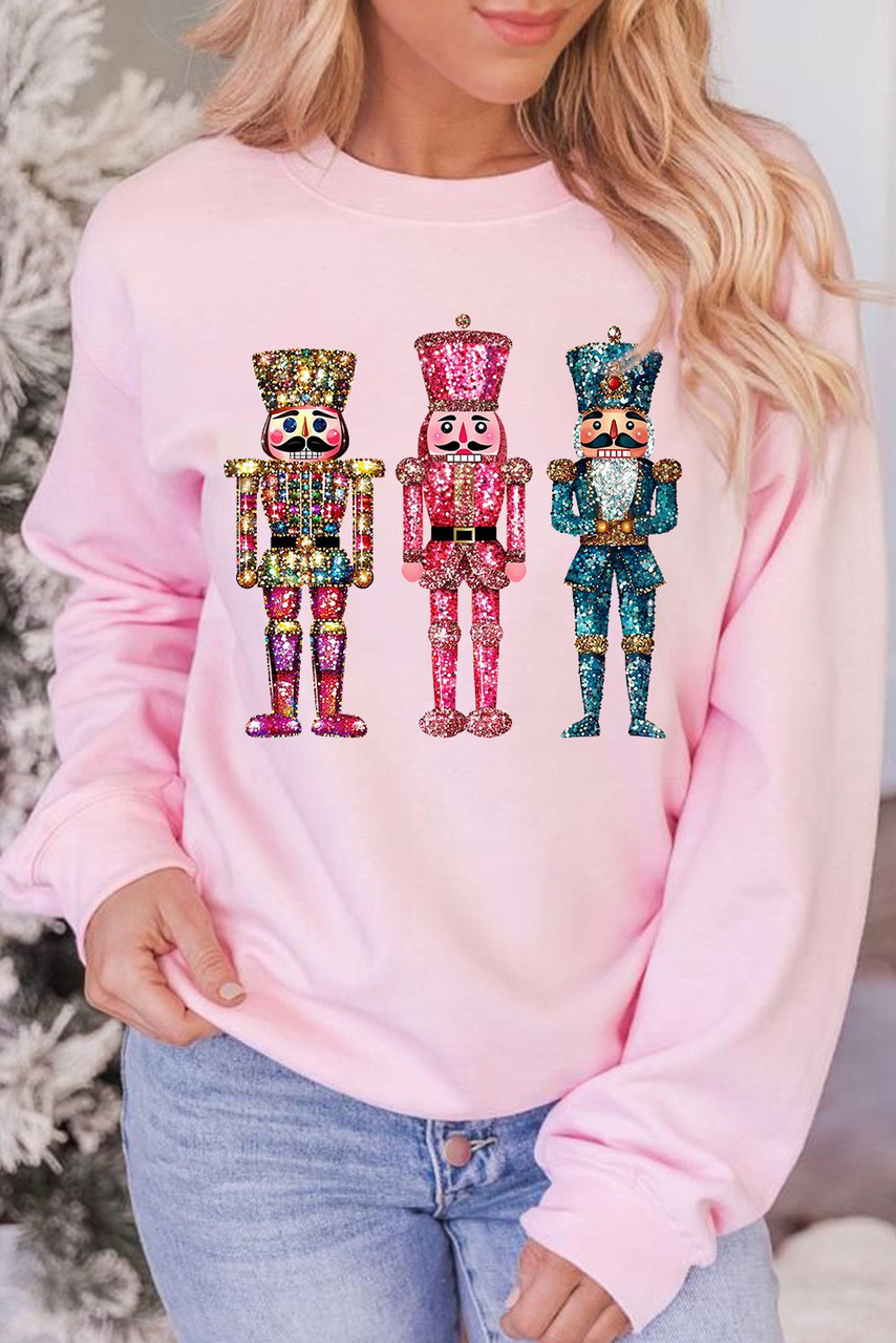 Pink Shimmer Nutcracker Graphic Christmas Pullover Sweatshirt Pink Shimmer Nutcracker Graphic Christmas Pullover Sweatshirt