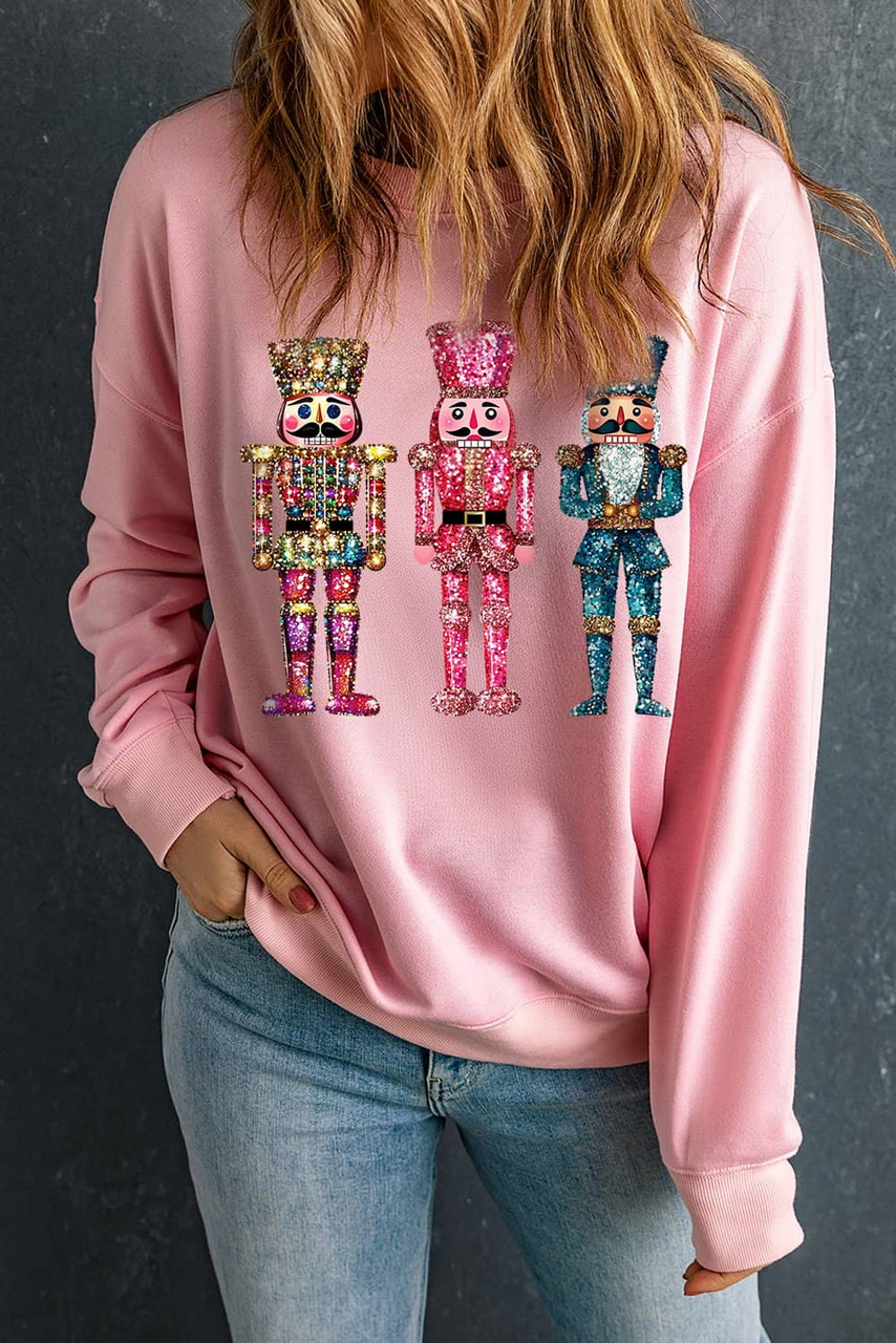 Pink Shimmer Nutcracker Graphic Christmas Pullover Sweatshirt Pink Shimmer Nutcracker Graphic Christmas Pullover Sweatshirt