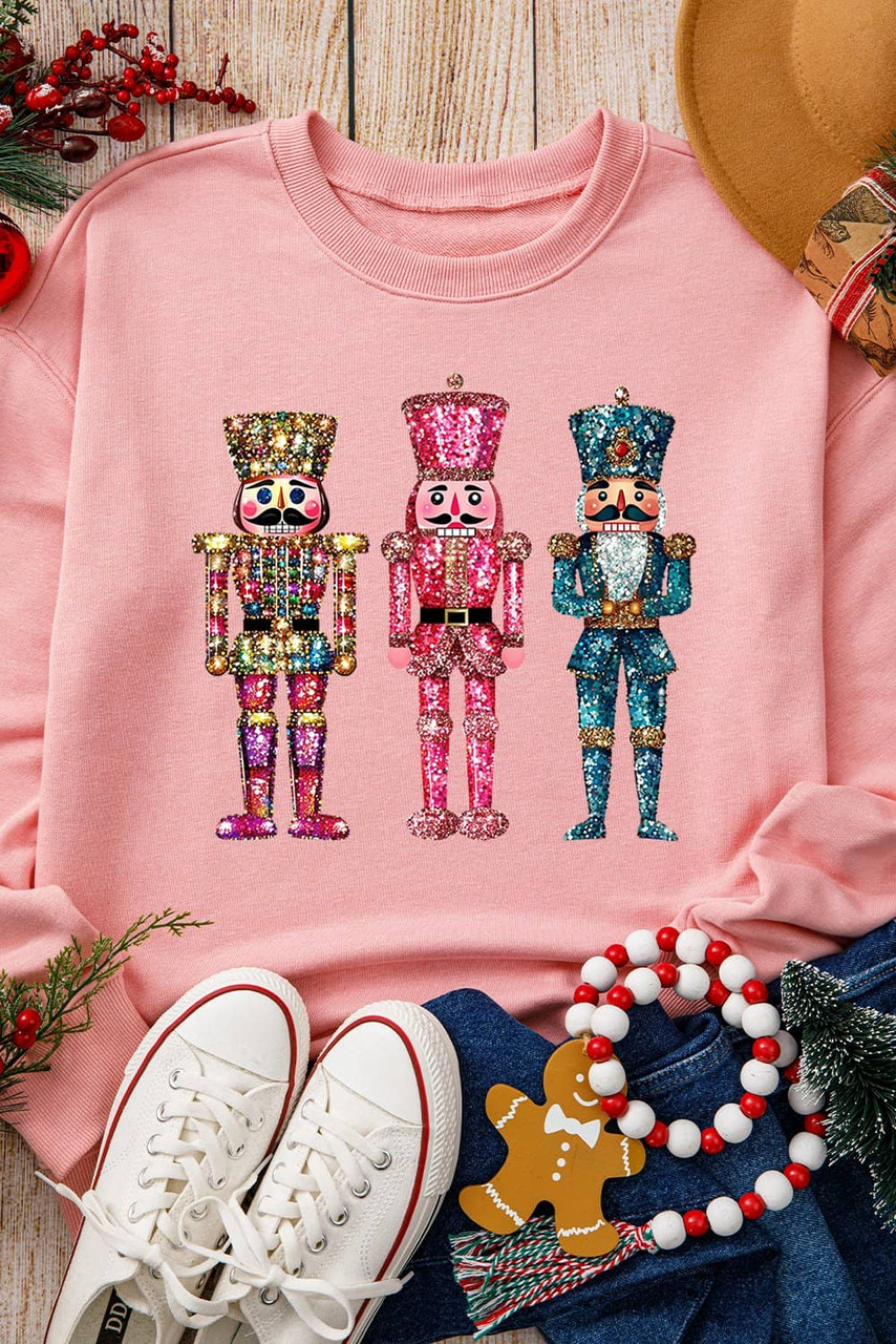 Pink Shimmer Nutcracker Graphic Christmas Pullover Sweatshirt Pink Shimmer Nutcracker Graphic Christmas Pullover Sweatshirt