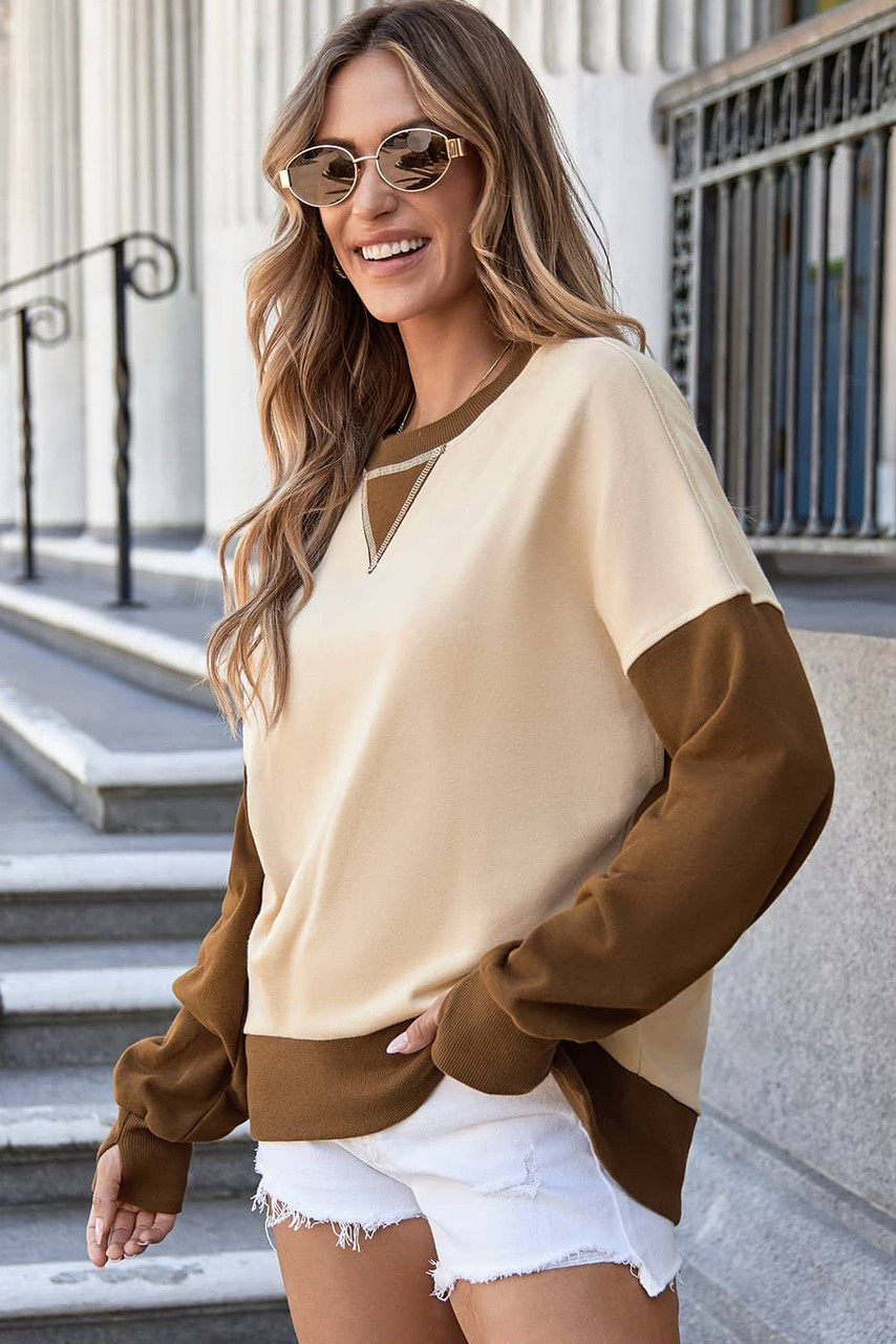 Apricot Color Block Thumbhole Sleeve Drop Shoulder Sweatshirt Apricot Color Block Thumbhole Sleeve Drop Shoulder Sweatshirt