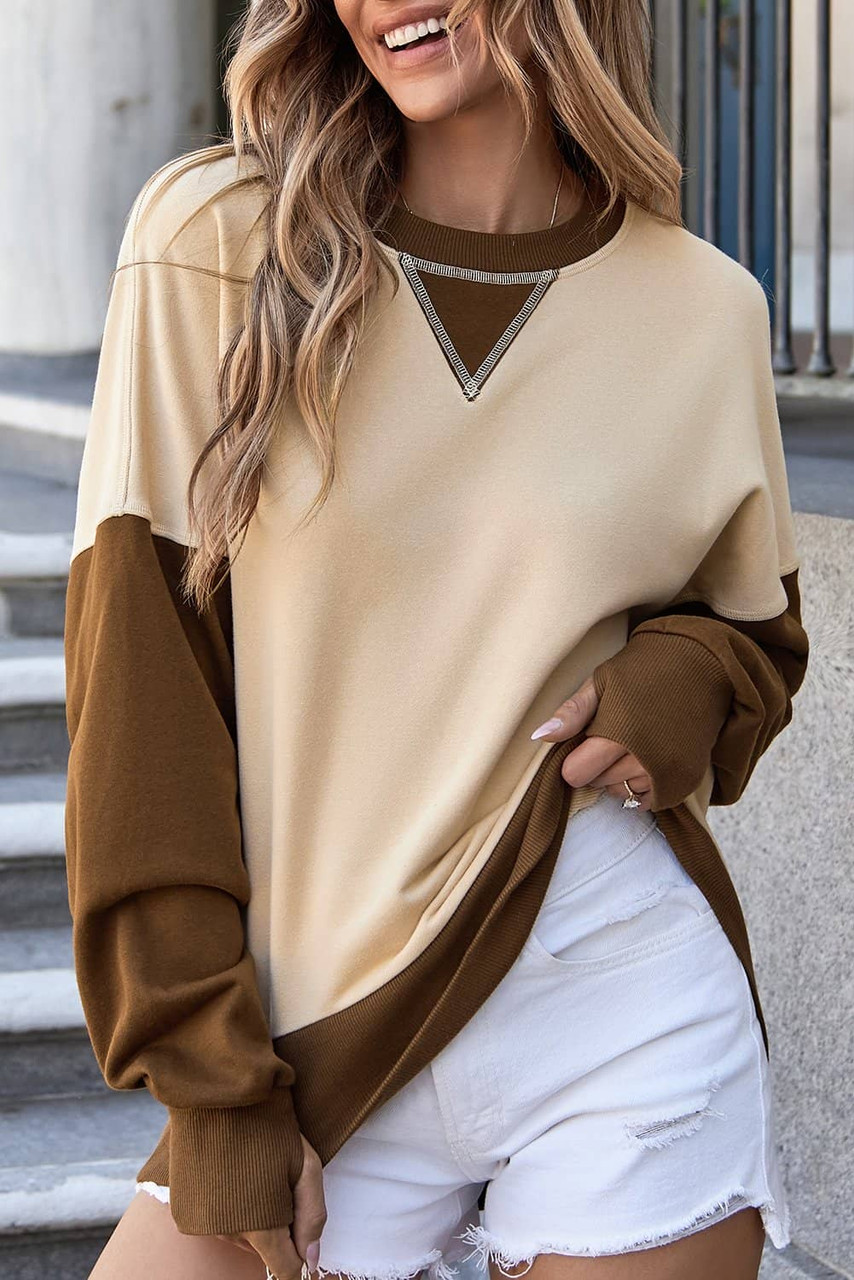 Apricot Color Block Thumbhole Sleeve Drop Shoulder Sweatshirt Apricot Color Block Thumbhole Sleeve Drop Shoulder Sweatshirt