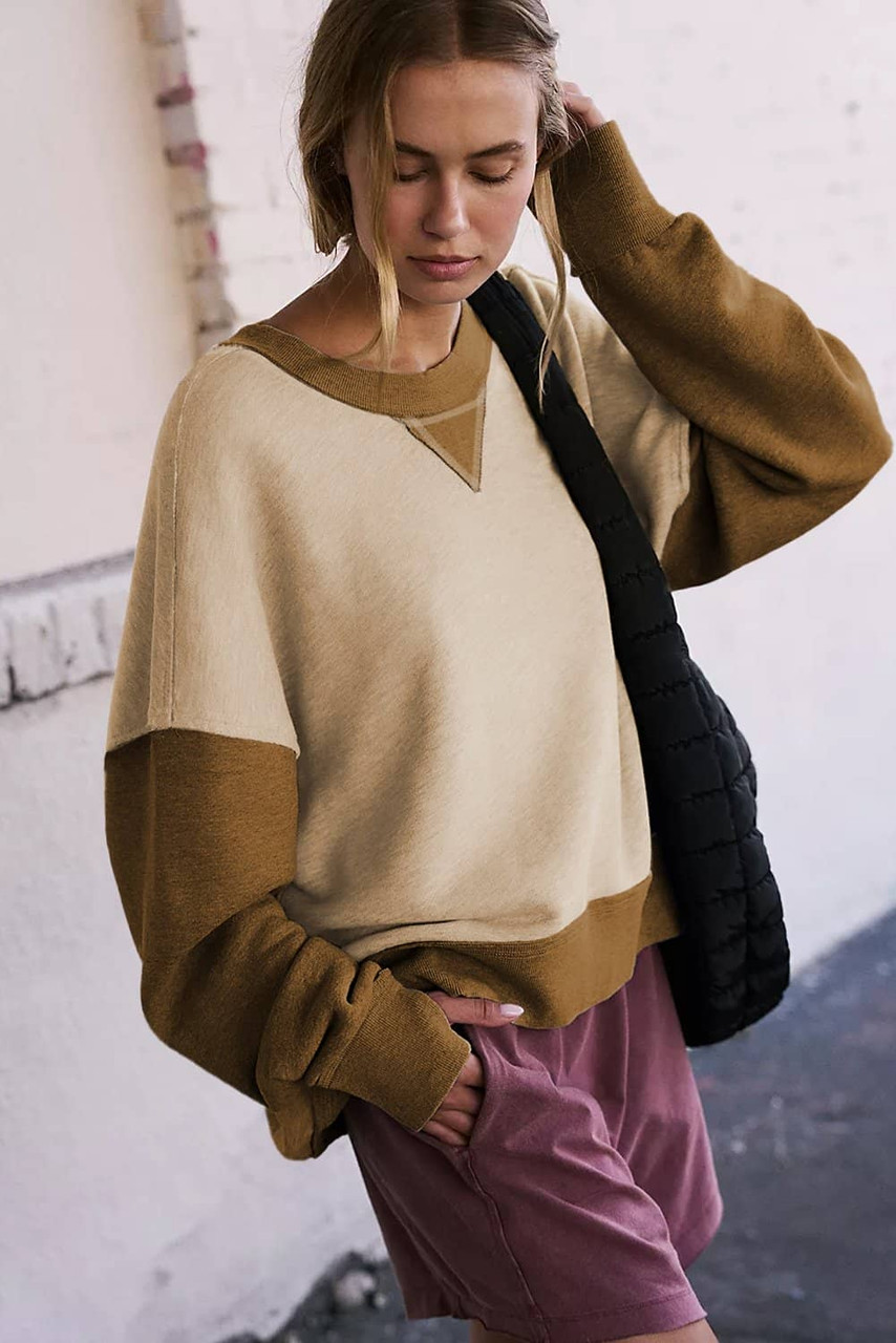 Apricot Color Block Thumbhole Sleeve Drop Shoulder Sweatshirt Apricot Color Block Thumbhole Sleeve Drop Shoulder Sweatshirt