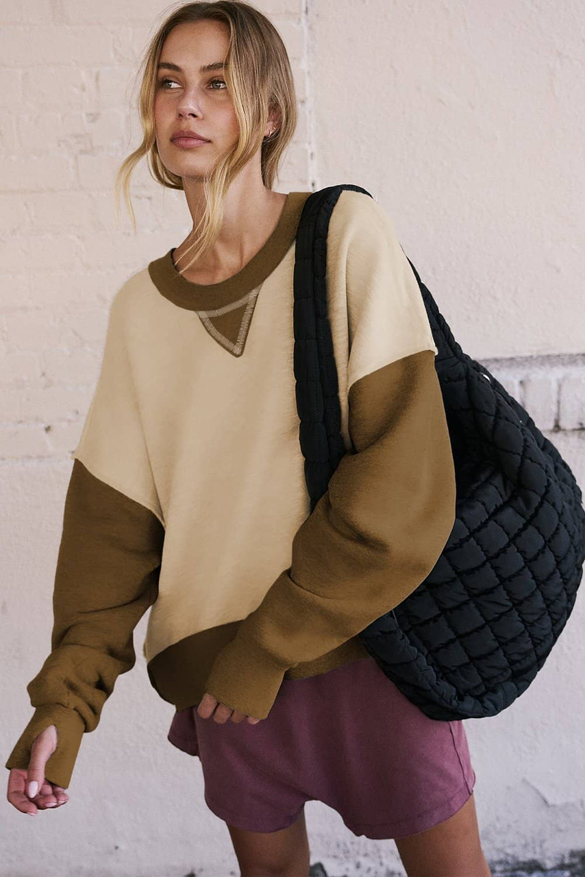 Apricot Color Block Thumbhole Sleeve Drop Shoulder Sweatshirt Apricot Color Block Thumbhole Sleeve Drop Shoulder Sweatshirt