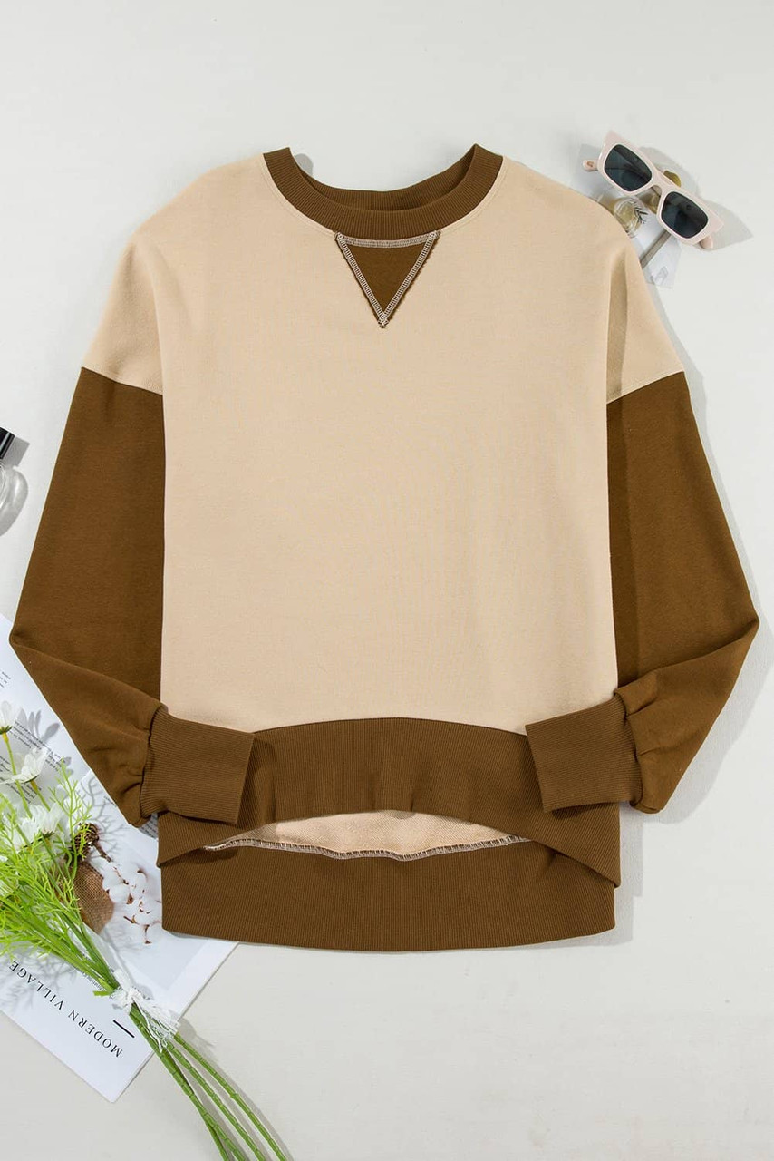 Apricot Color Block Thumbhole Sleeve Drop Shoulder Sweatshirt Apricot Color Block Thumbhole Sleeve Drop Shoulder Sweatshirt