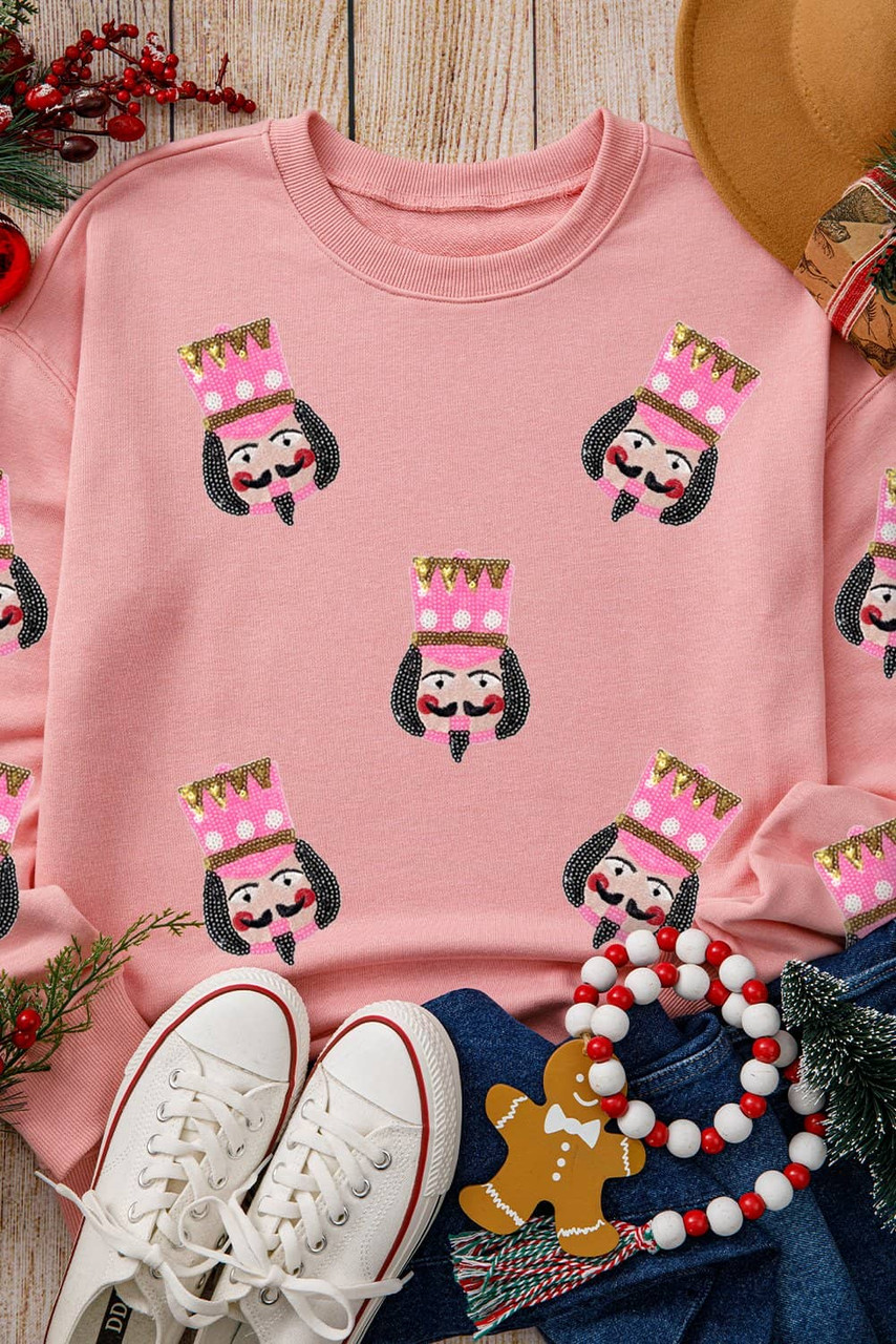 Pink Sequin Nutcracker Graphic Drop Shoulder Christmas Sweatshirt Pink Sequin Nutcracker Graphic Drop Shoulder Christmas Sweatshirt