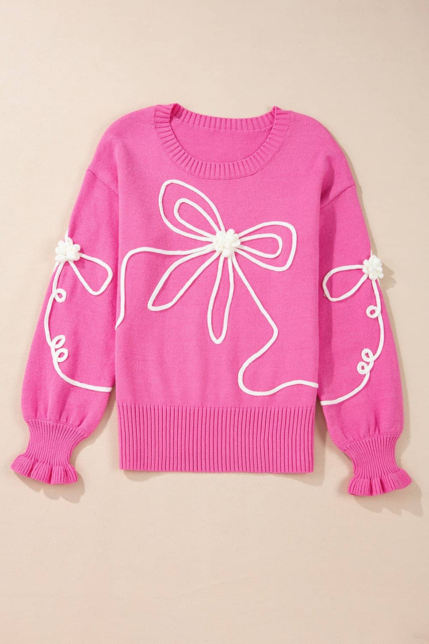 Bright Pink Corded Flower Bow Ribbed Trim Casual Sweater Bright Pink Corded Flower Bow Ribbed Trim Casual Sweater