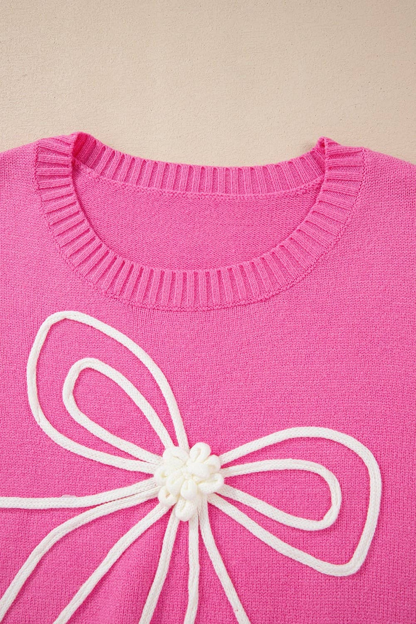 Bright Pink Corded Flower Bow Ribbed Trim Casual Sweater Bright Pink Corded Flower Bow Ribbed Trim Casual Sweater