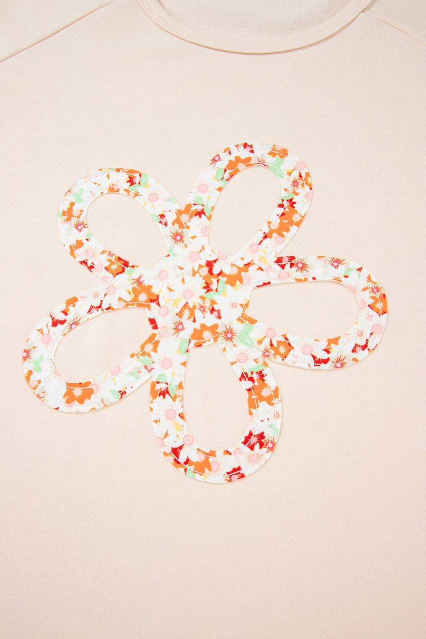 Beige Plus Size Flower Patched Side Slits Crewneck Top