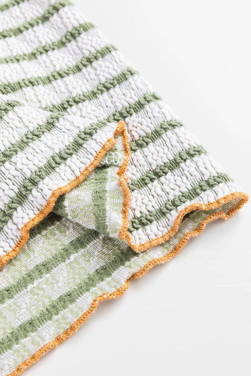 Green Stripe Textured Frilly Trim Buttons Henley Long Sleeve Top