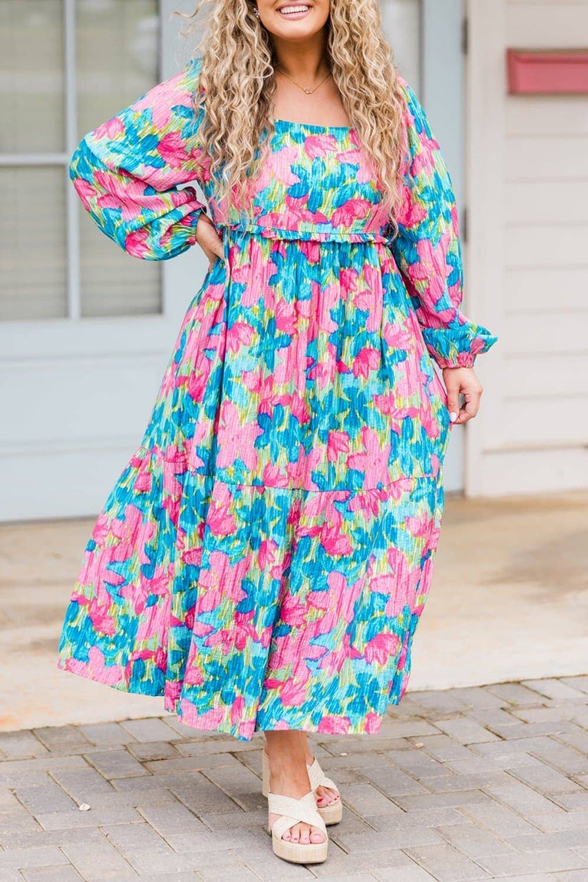 Sky Blue Floral Allover Print Shirred Square Neck Plus Size Maxi Dress Sky Blue Floral Allover Print Shirred Square Neck Plus Size Maxi Dress