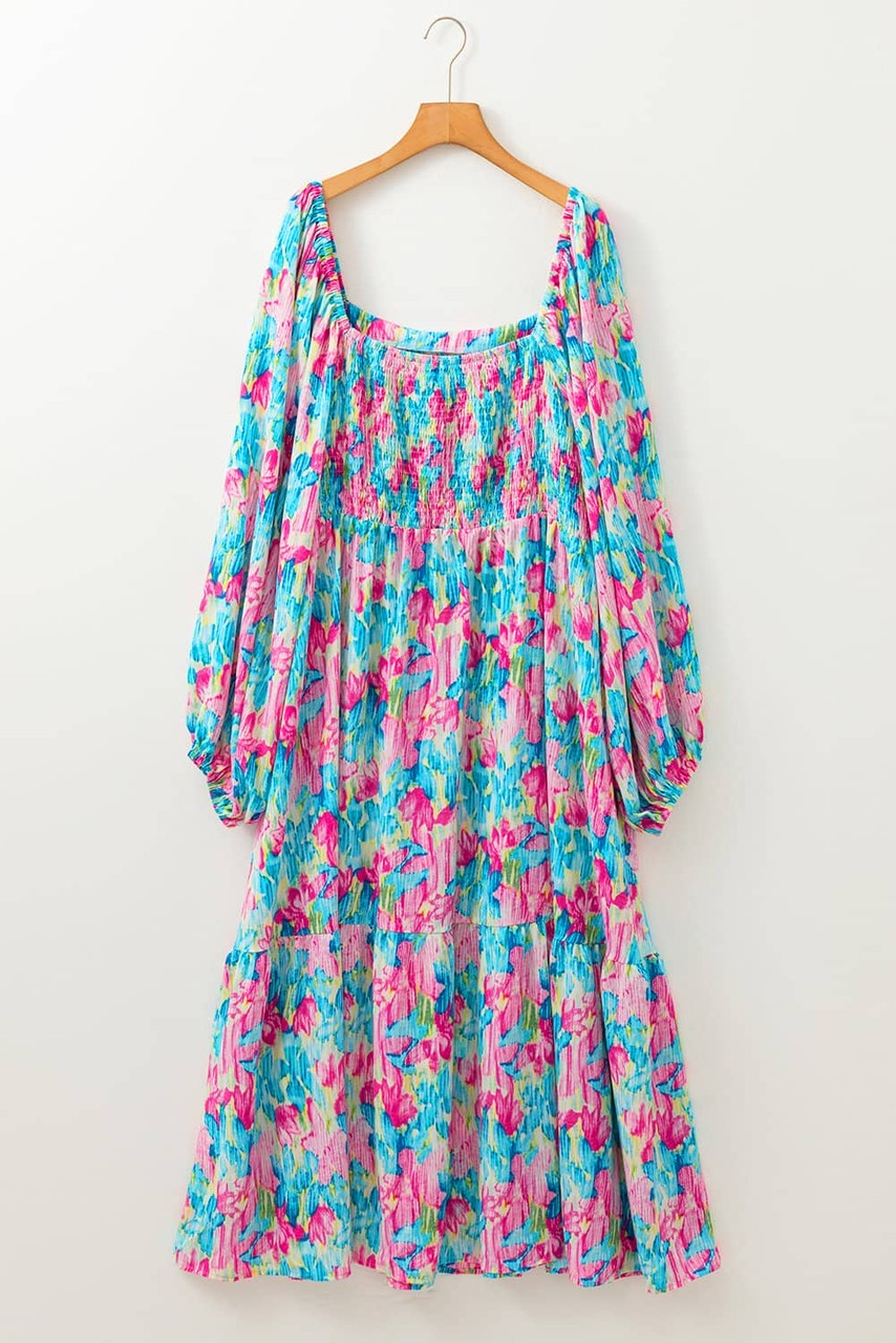 Sky Blue Floral Allover Print Shirred Square Neck Plus Size Maxi Dress Sky Blue Floral Allover Print Shirred Square Neck Plus Size Maxi Dress