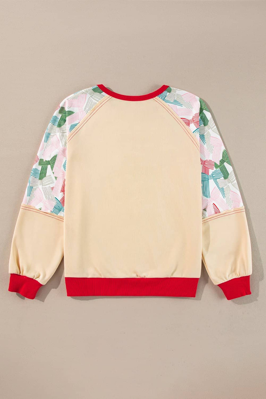 Beige Bowknot Printed Patchwork Raglan Sleeve Colorblock Edge Top