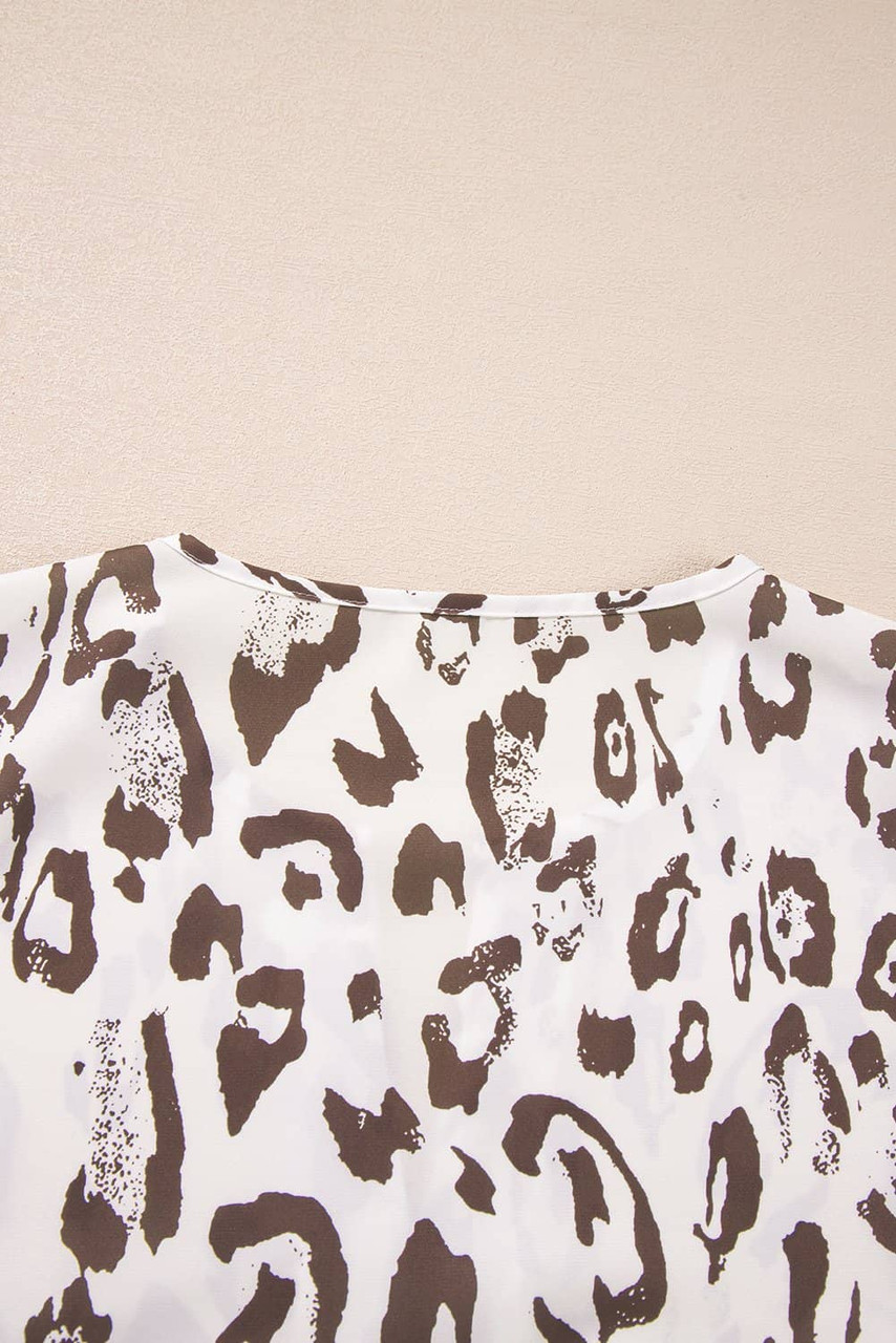 Khaki Leopard Print Split Neck Balloon Sleeve Blouse Khaki Leopard Print Split Neck Balloon Sleeve Blouse
