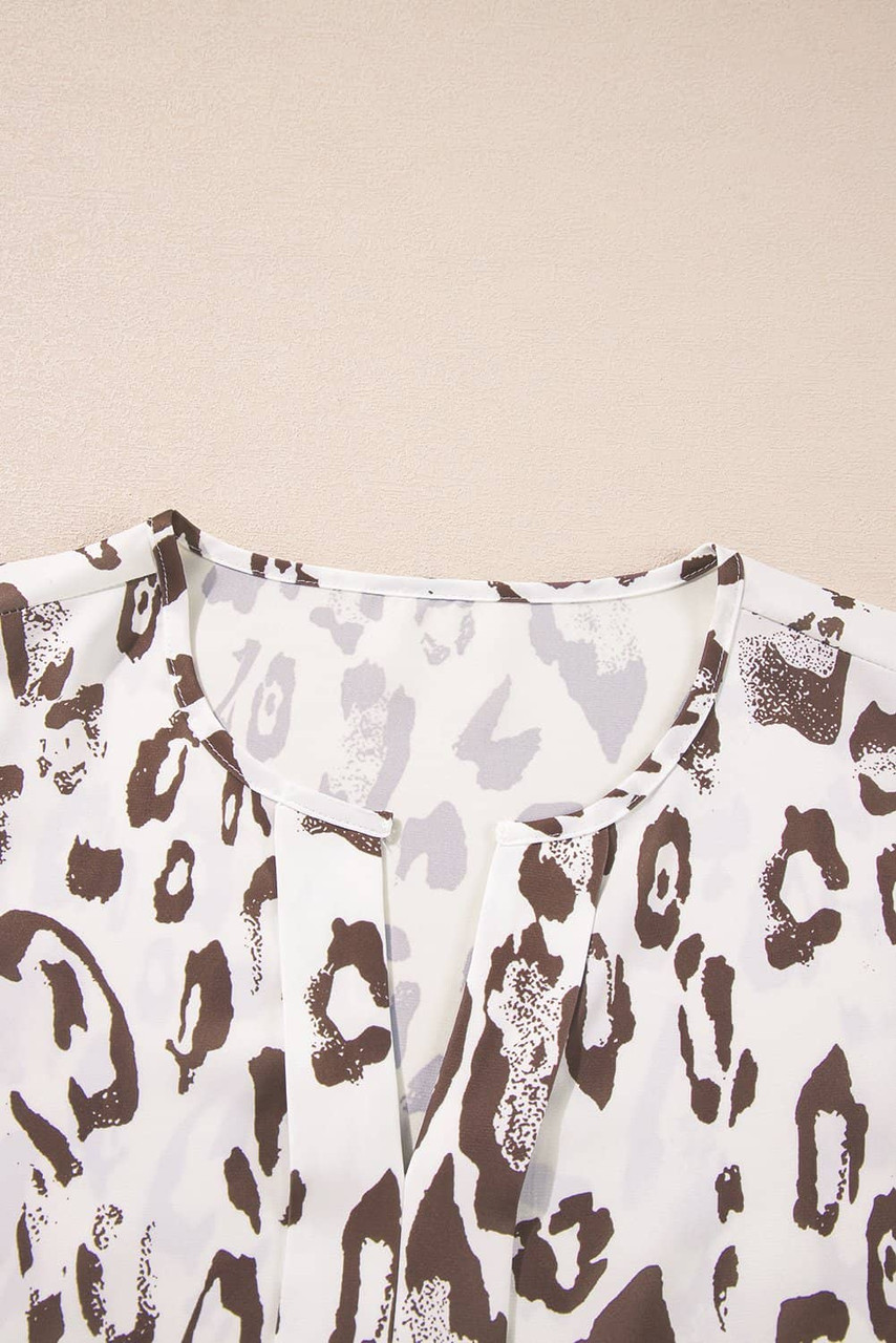 Khaki Leopard Print Split Neck Balloon Sleeve Blouse Khaki Leopard Print Split Neck Balloon Sleeve Blouse