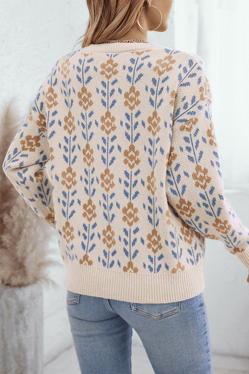 Apricot Floral Pattern Crew Neck Sweater Apricot Floral Pattern Crew Neck Sweater