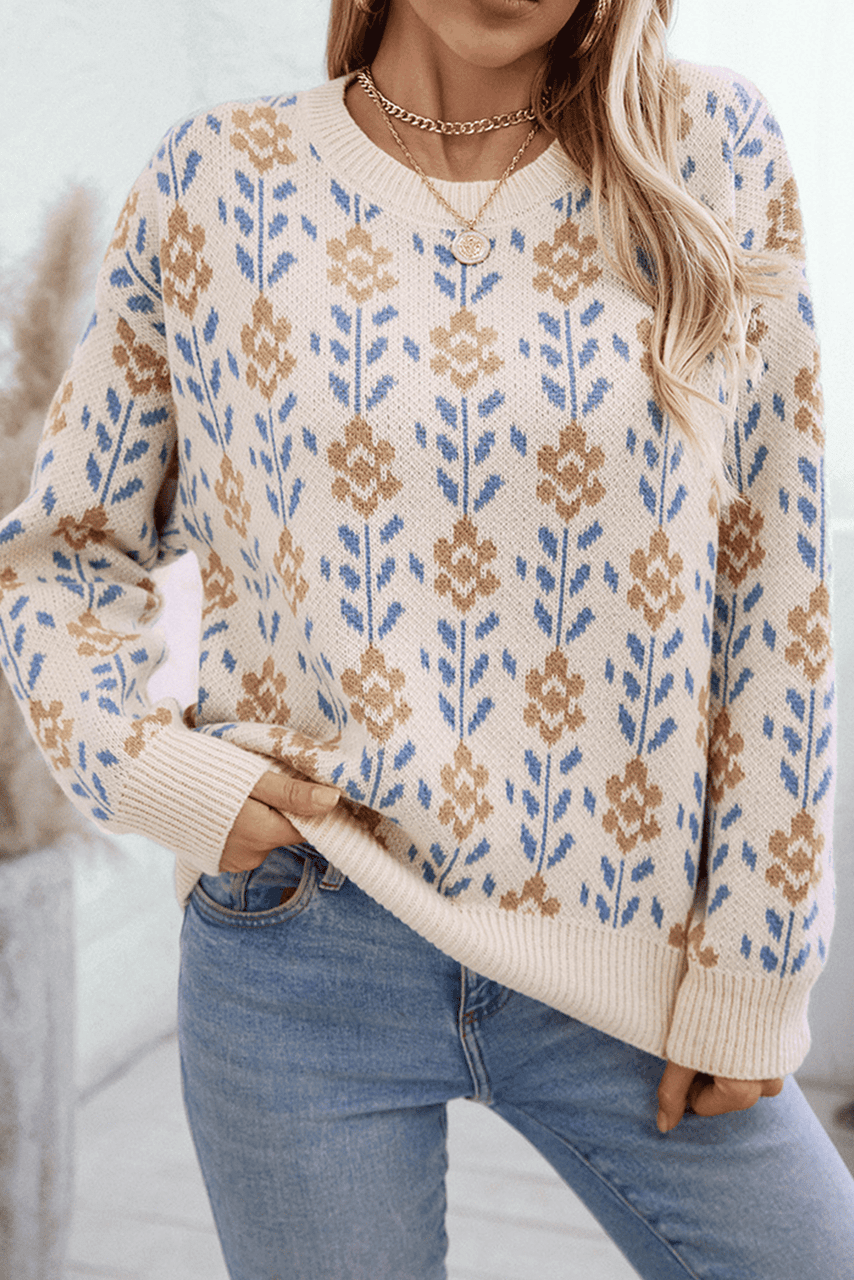Apricot Floral Pattern Crew Neck Sweater Apricot Floral Pattern Crew Neck Sweater