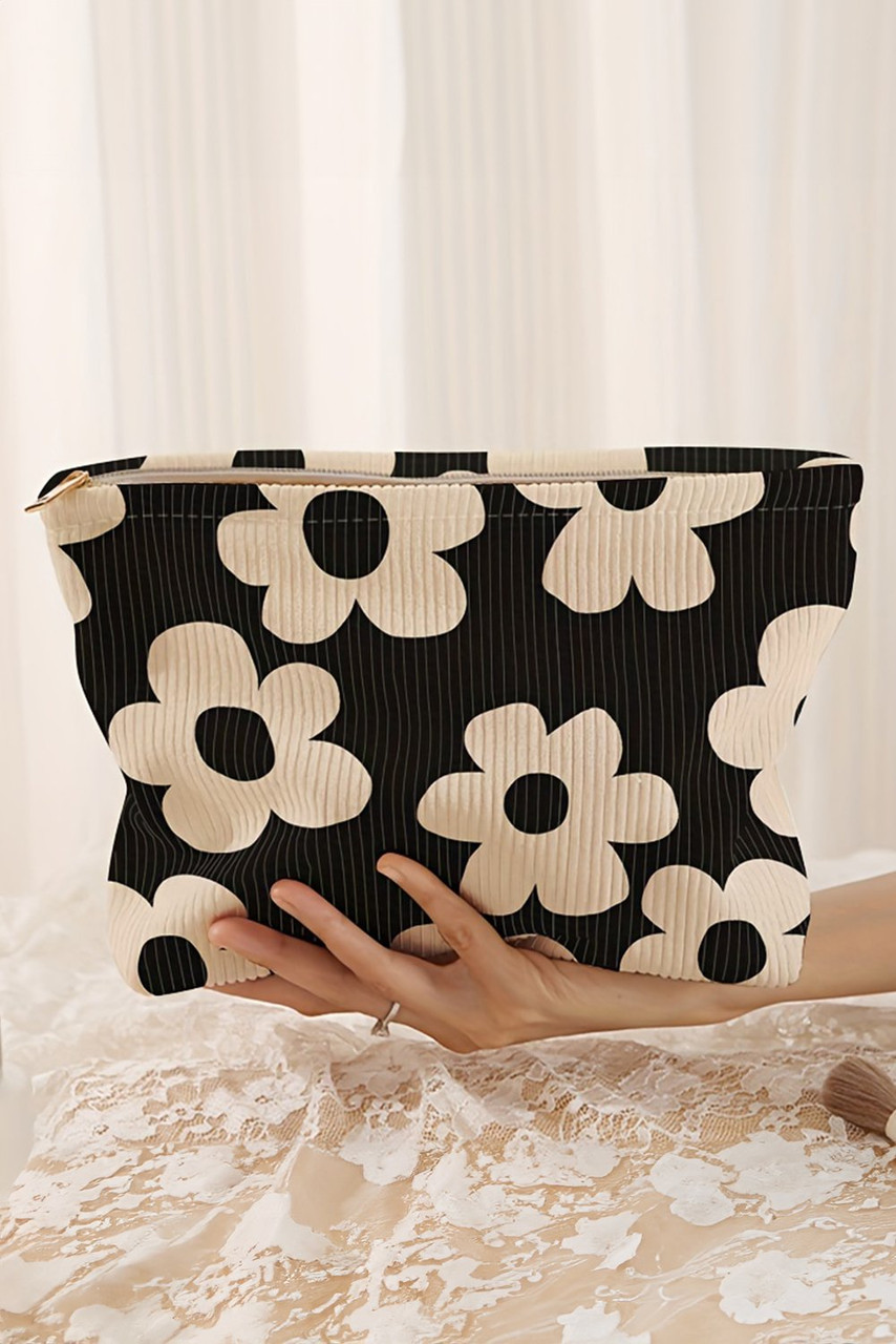 Black Colorful Flower Printed Rib Textured Cosmetic Bag Black Colorful Flower Printed Rib Textured Cosmetic Bag