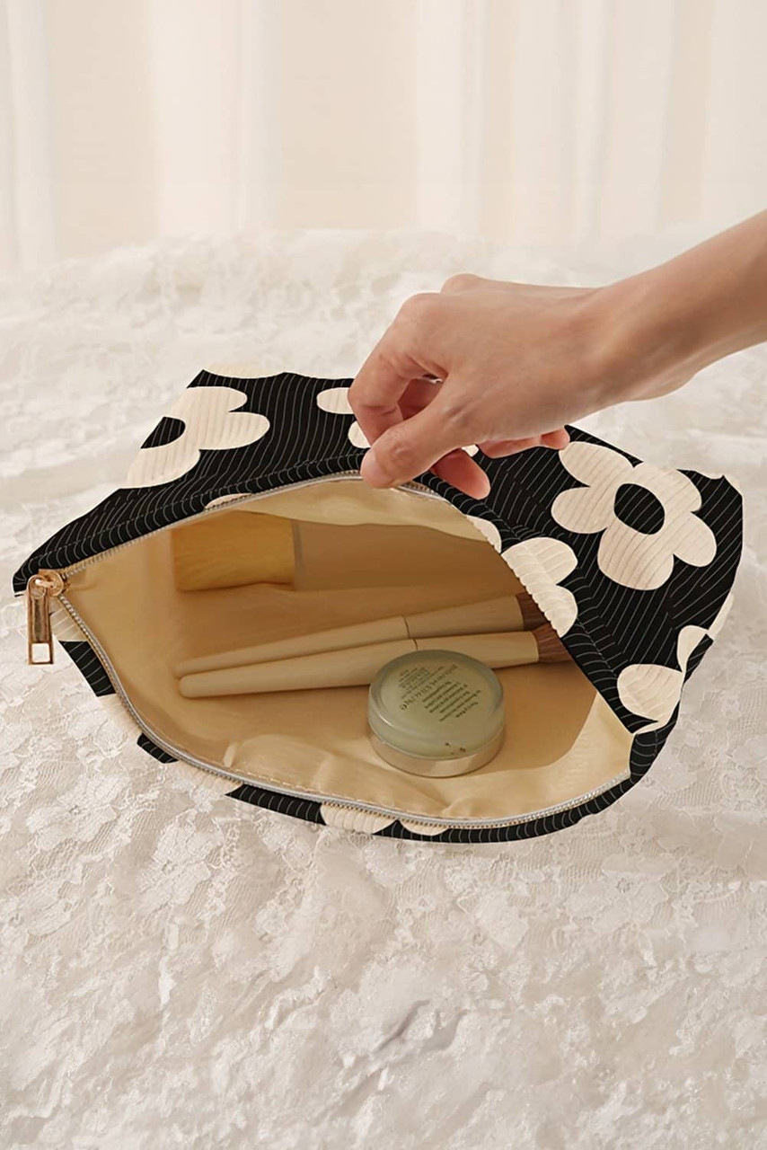 Black Colorful Flower Printed Rib Textured Cosmetic Bag Black Colorful Flower Printed Rib Textured Cosmetic Bag