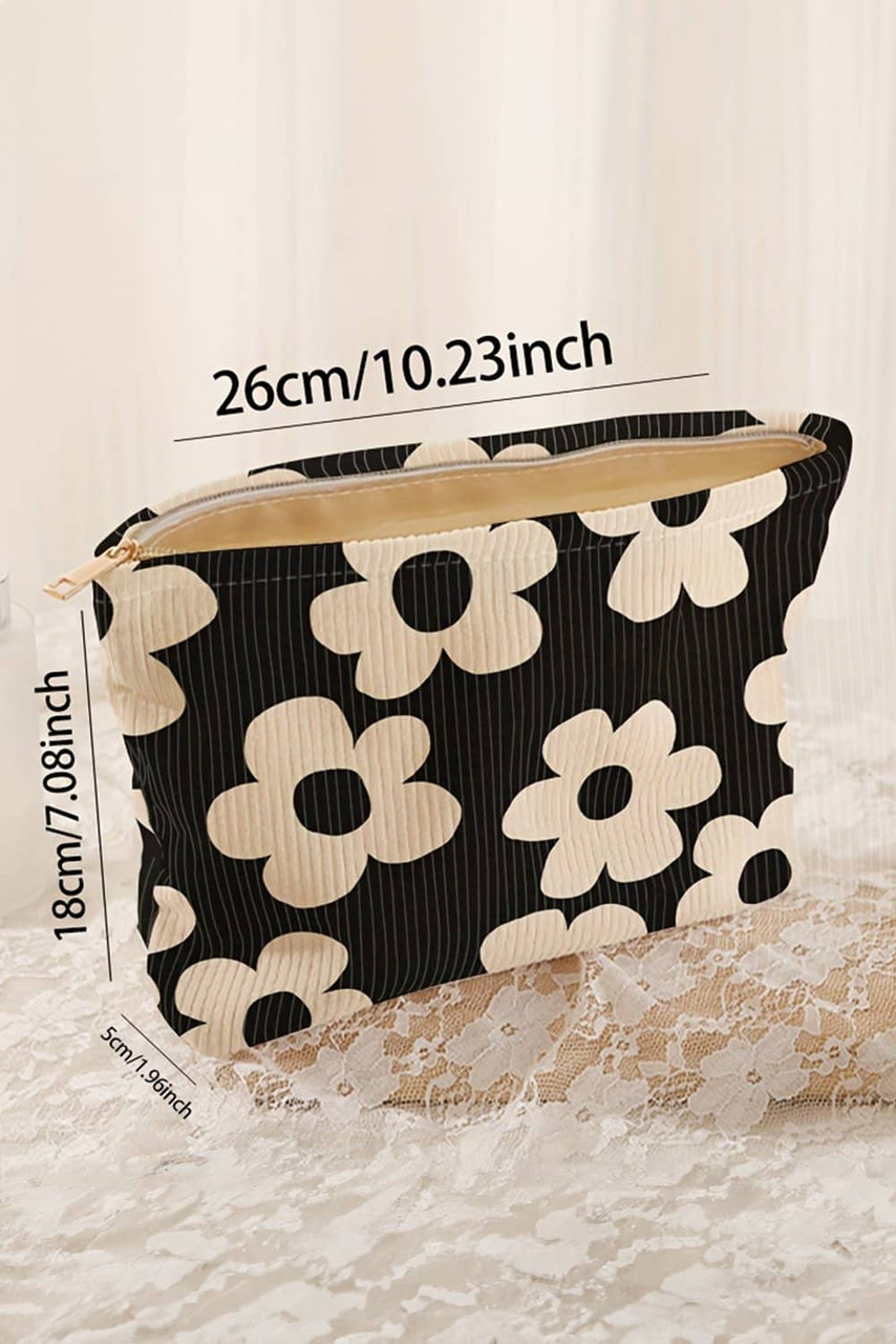 Black Colorful Flower Printed Rib Textured Cosmetic Bag Black Colorful Flower Printed Rib Textured Cosmetic Bag