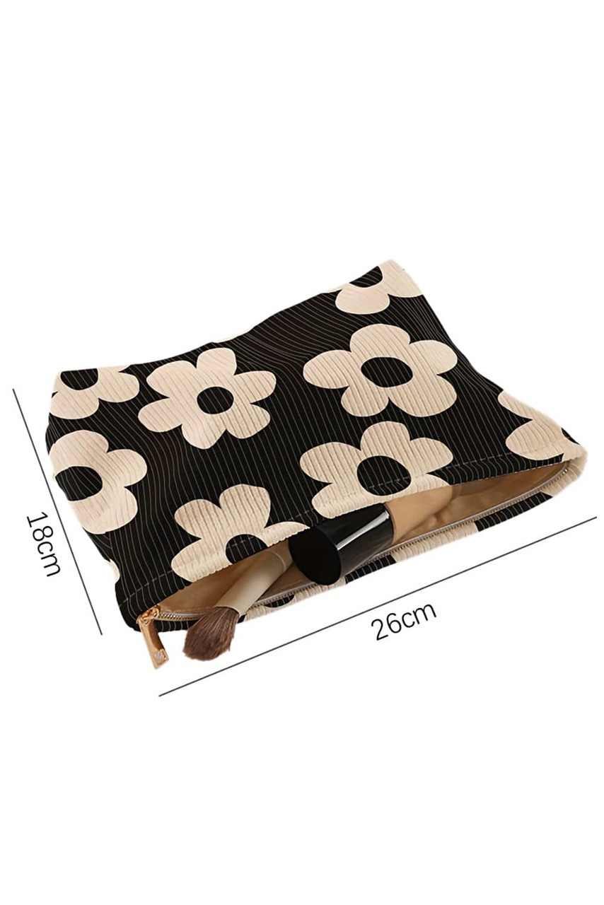 Black Colorful Flower Printed Rib Textured Cosmetic Bag Black Colorful Flower Printed Rib Textured Cosmetic Bag