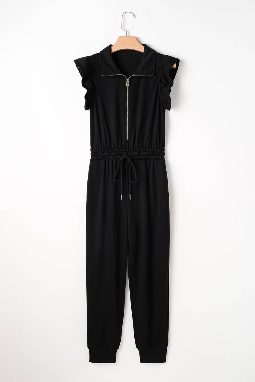 Black Zipper Flutter Sleeve Drawstring High Waist Jumpsuit Black Zipper Flutter Sleeve Drawstring High Waist Jumpsuit