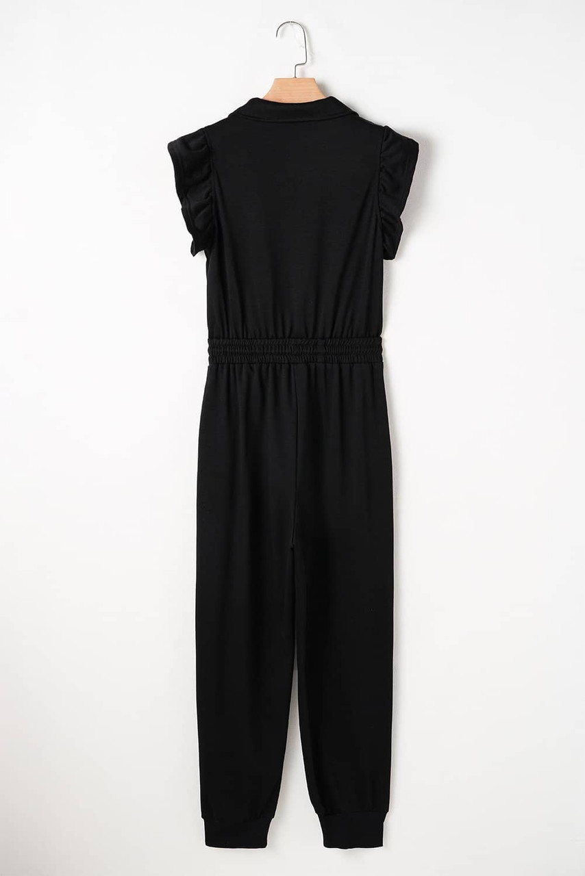Black Zipper Flutter Sleeve Drawstring High Waist Jumpsuit Black Zipper Flutter Sleeve Drawstring High Waist Jumpsuit