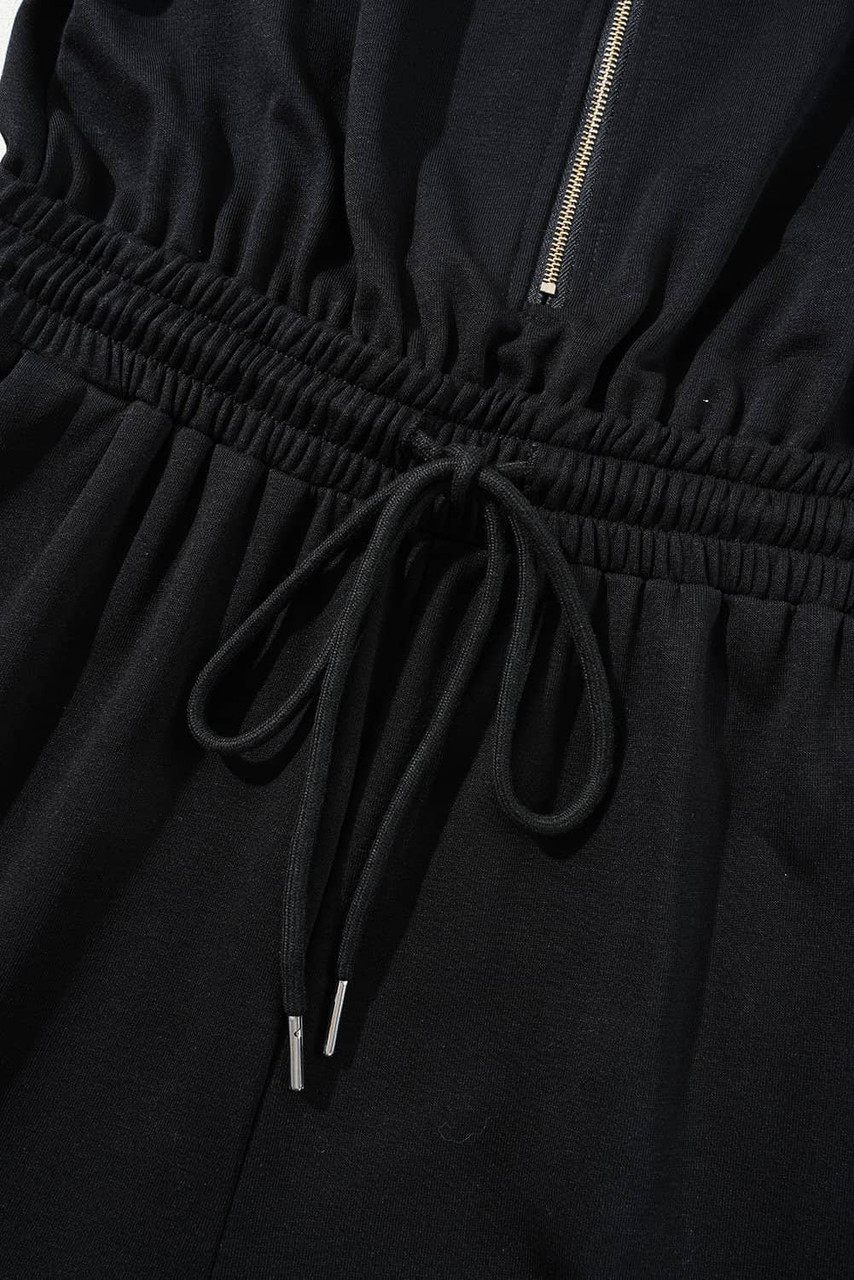 Black Zipper Flutter Sleeve Drawstring High Waist Jumpsuit Black Zipper Flutter Sleeve Drawstring High Waist Jumpsuit