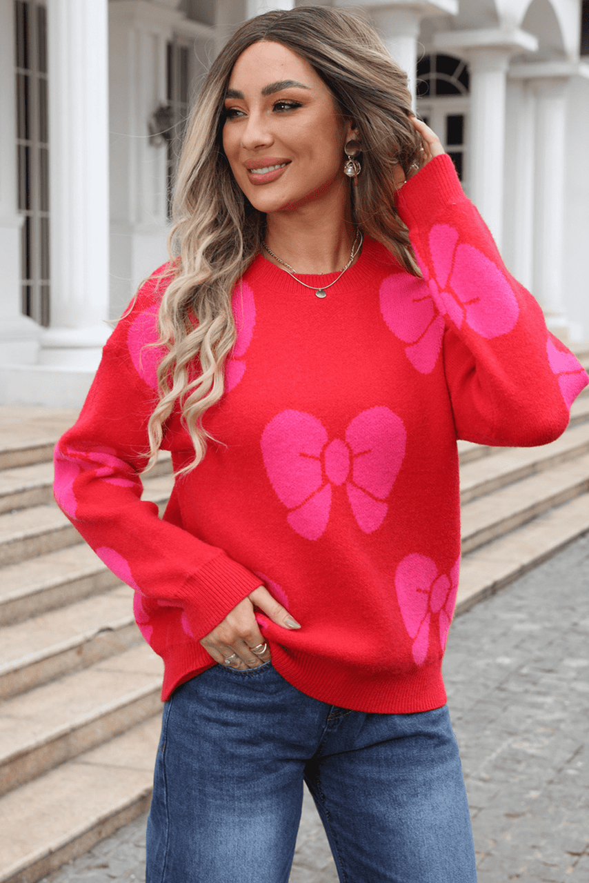 Fiery Red Valentine Bowknot Knitted Round Neck Fashion Sweater