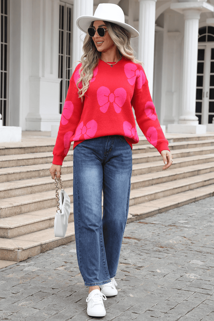 Fiery Red Valentine Bowknot Knitted Round Neck Fashion Sweater