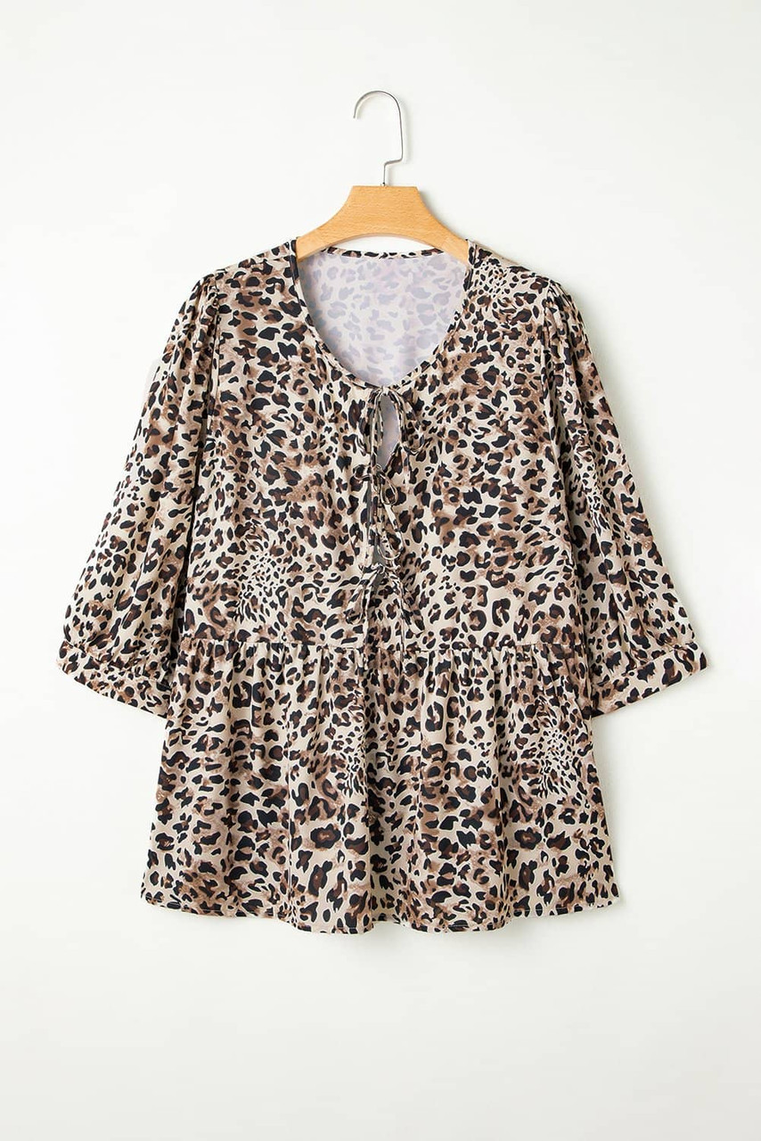 Khaki Leopard Print Lace-up Ruffled 3/4 Sleeve Plus Size Blouse