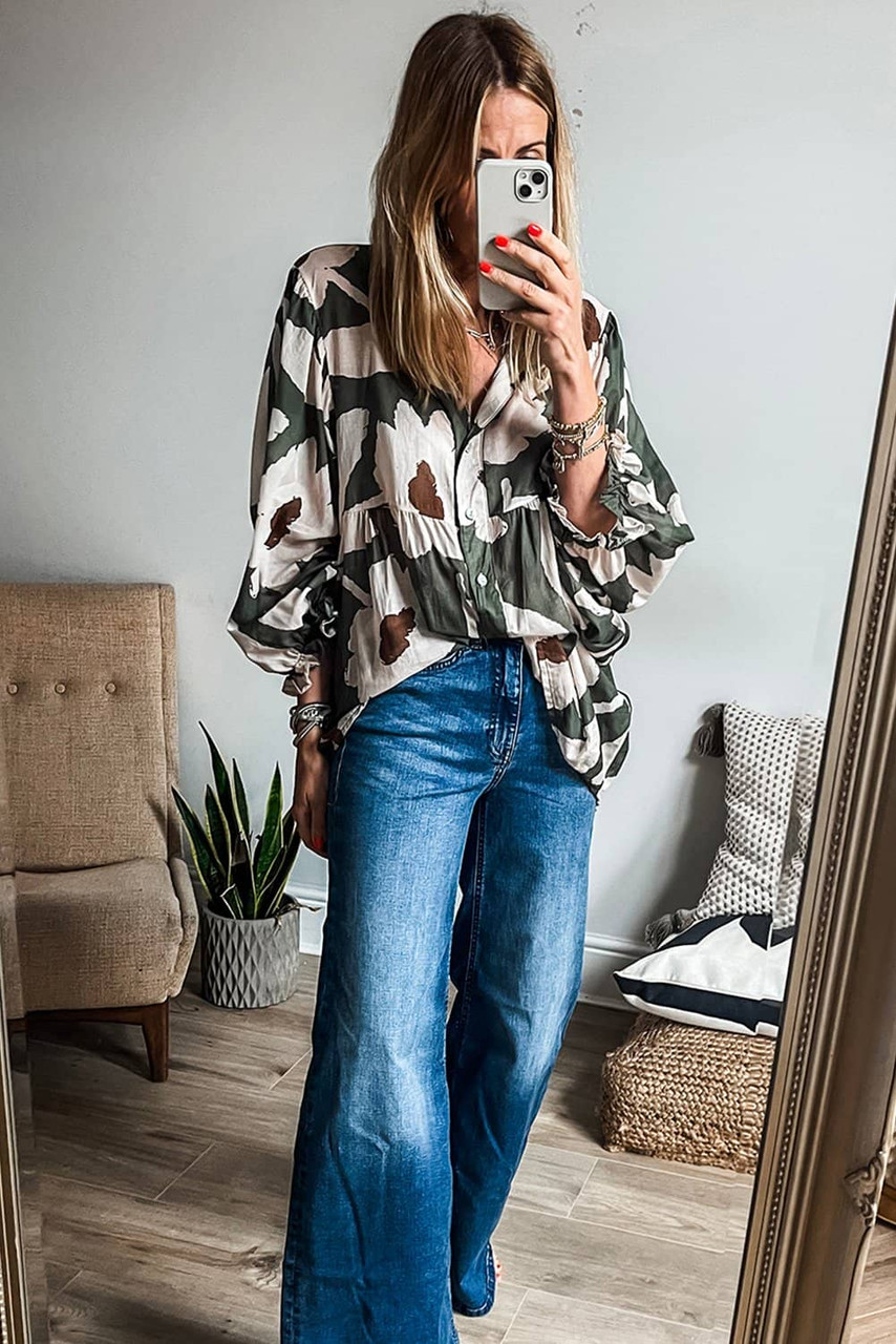 Four Leaf Clover Abstract Floral Print Puff Sleeve Half Button Blouse Four Leaf Clover Abstract Floral Print Puff Sleeve Half Button Blouse